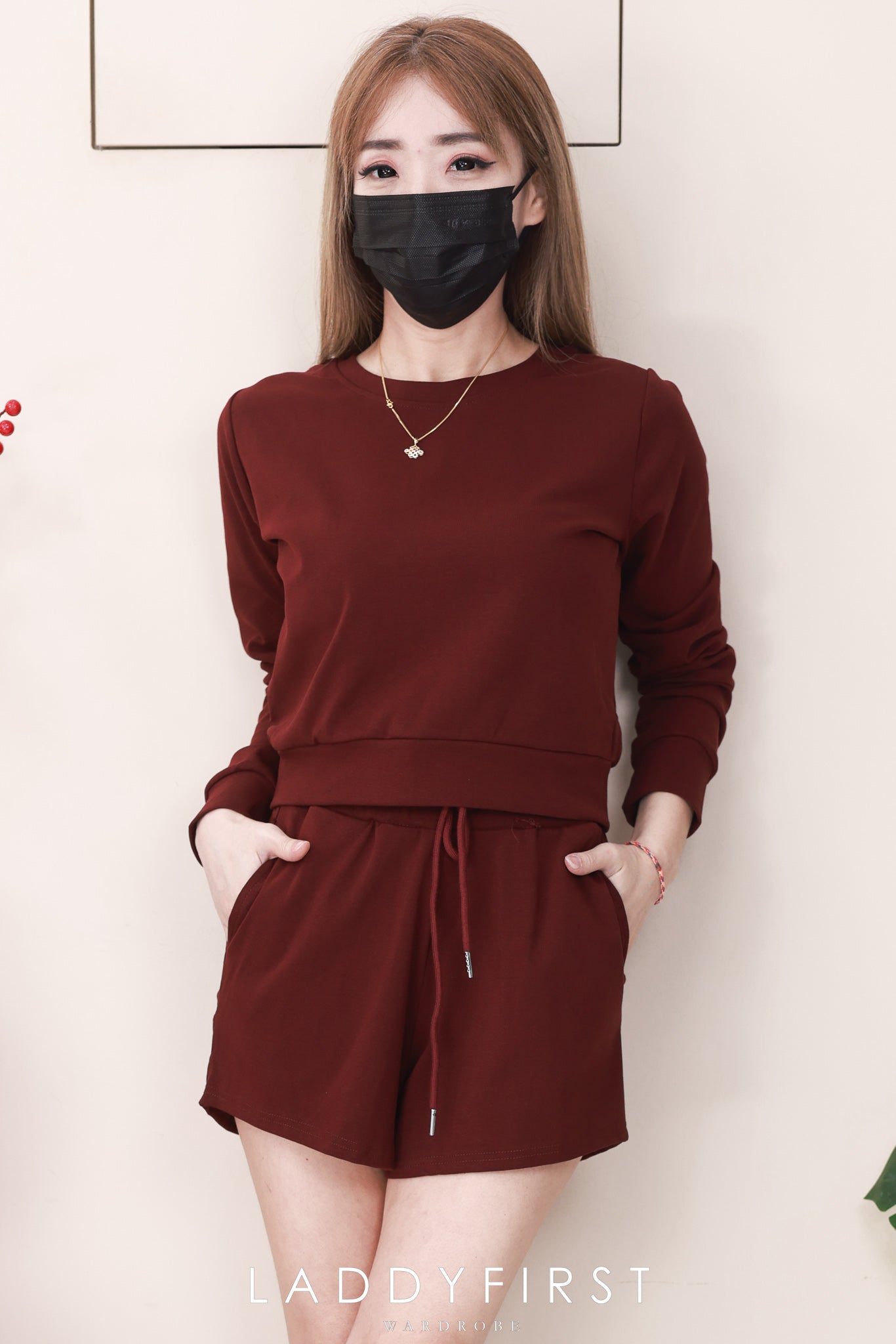 【SS823740】高品质两件式纯棉简约休闲百搭套装 宽松版休闲百搭长袖上衣➕松紧腰弹力休闲短裤，有口袋 ❤️❤️【B-R1-C4】