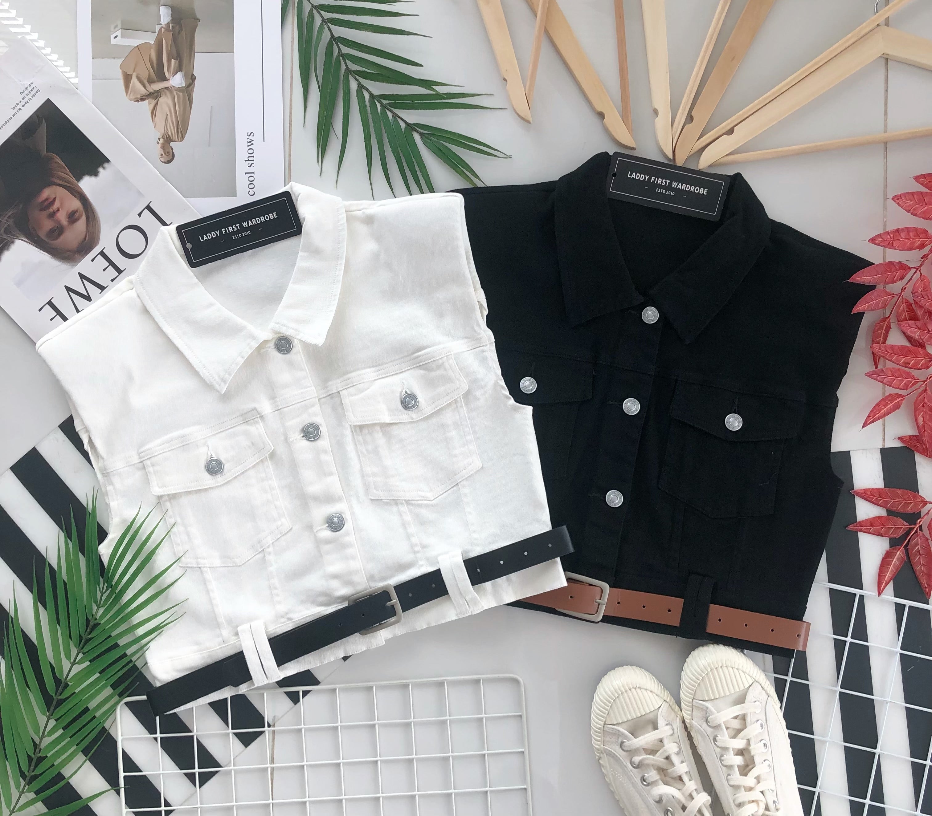 【T121366】翻领无袖加肩垫牛仔马甲外套/上衣 #搭配配送腰带 #有肩垫 ❤️❤️