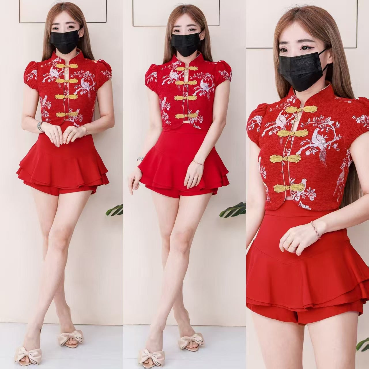 【SS3499】【LFW独家小圆饼】高品质两件式新中式高端国风提花旗袍套装 精致金线盘扣提花旗袍上衣➕荷叶下摆西装高腰百搭裤裙 ❤️❤️【A-R3-C6】