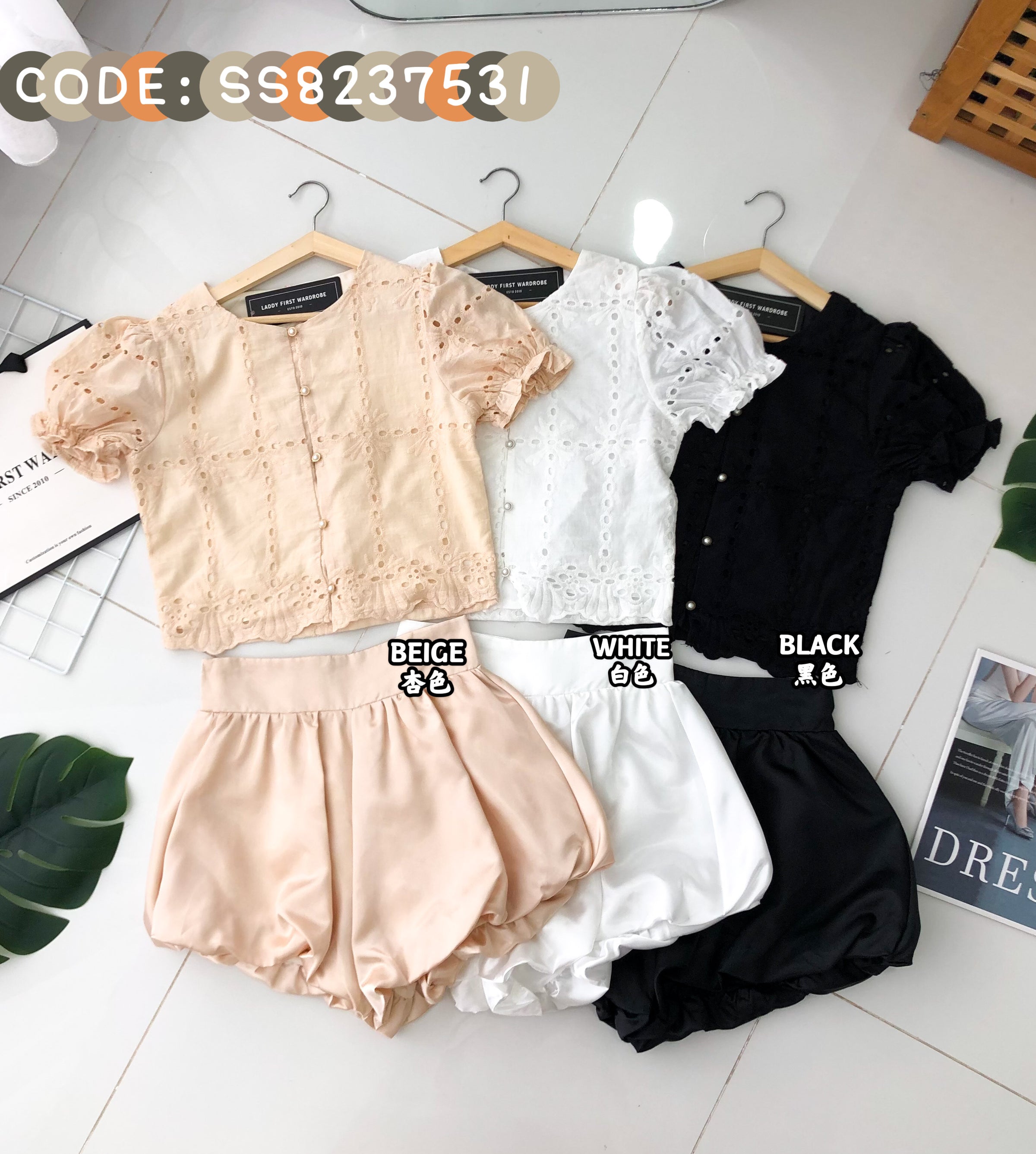 【SS8237531】高品质两件式桐花拼接缎面时尚套装 泡泡袖桐花上衣➕缎面花苞高腰百搭短裤 ❤️❤️ 【A-R1-C4】
