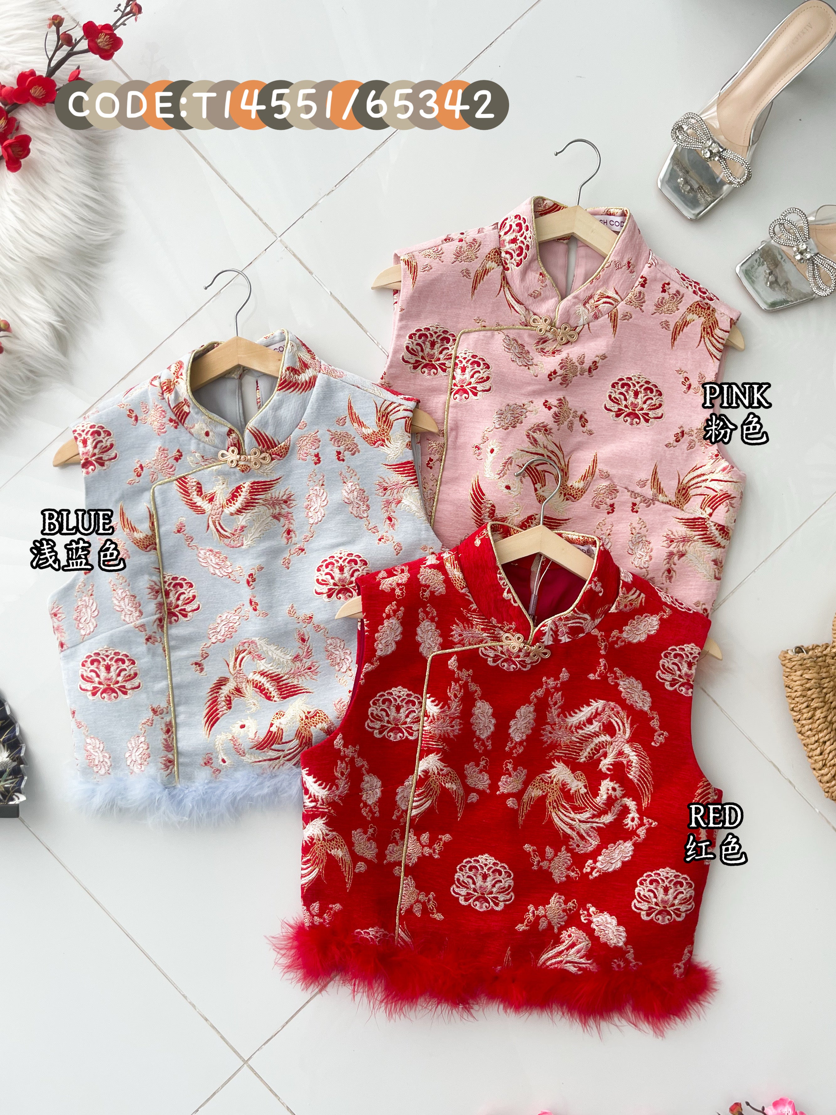 【T14551 / 65342】高品质高端气质雪尼尔拼接毛毛提花旗袍上衣 ❤❤