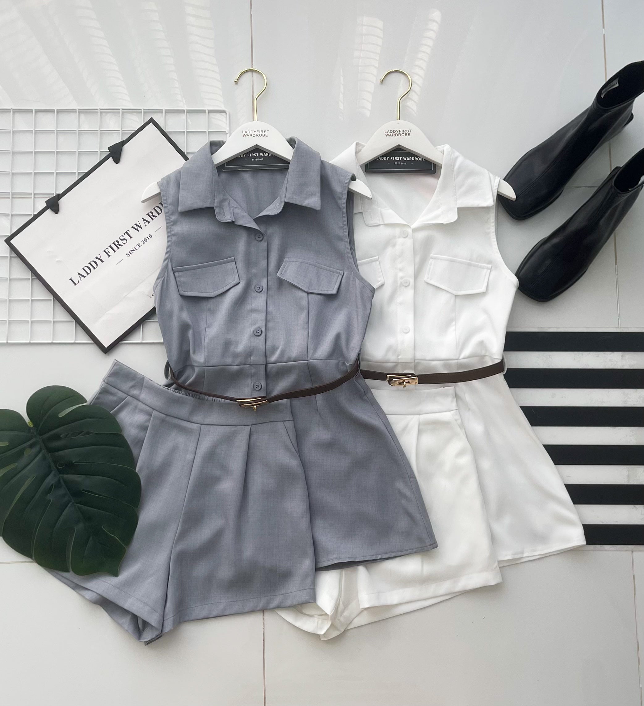 【SS21826 / 19849】高品质两件式韩系气质极简时尚套装 翻领衬衫裙上衣 ➕高腰百搭短裤，有口袋 ❤️❤️