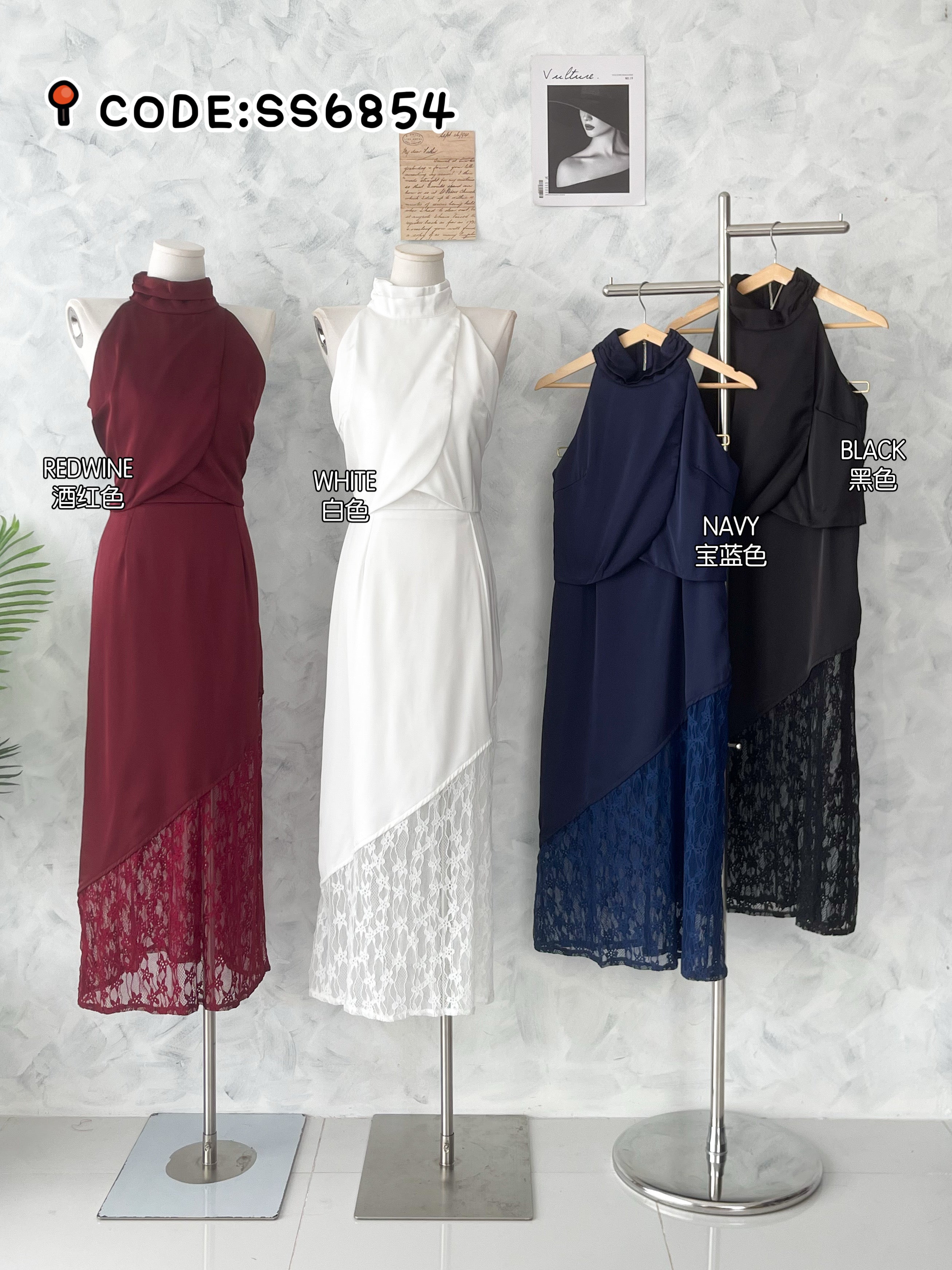 【SS6854】高品质两件式高级感晚宴缎面蕾丝套装 高领CUT IN缎面上衣➕缎面拼接蕾丝长裙 ❤️❤️