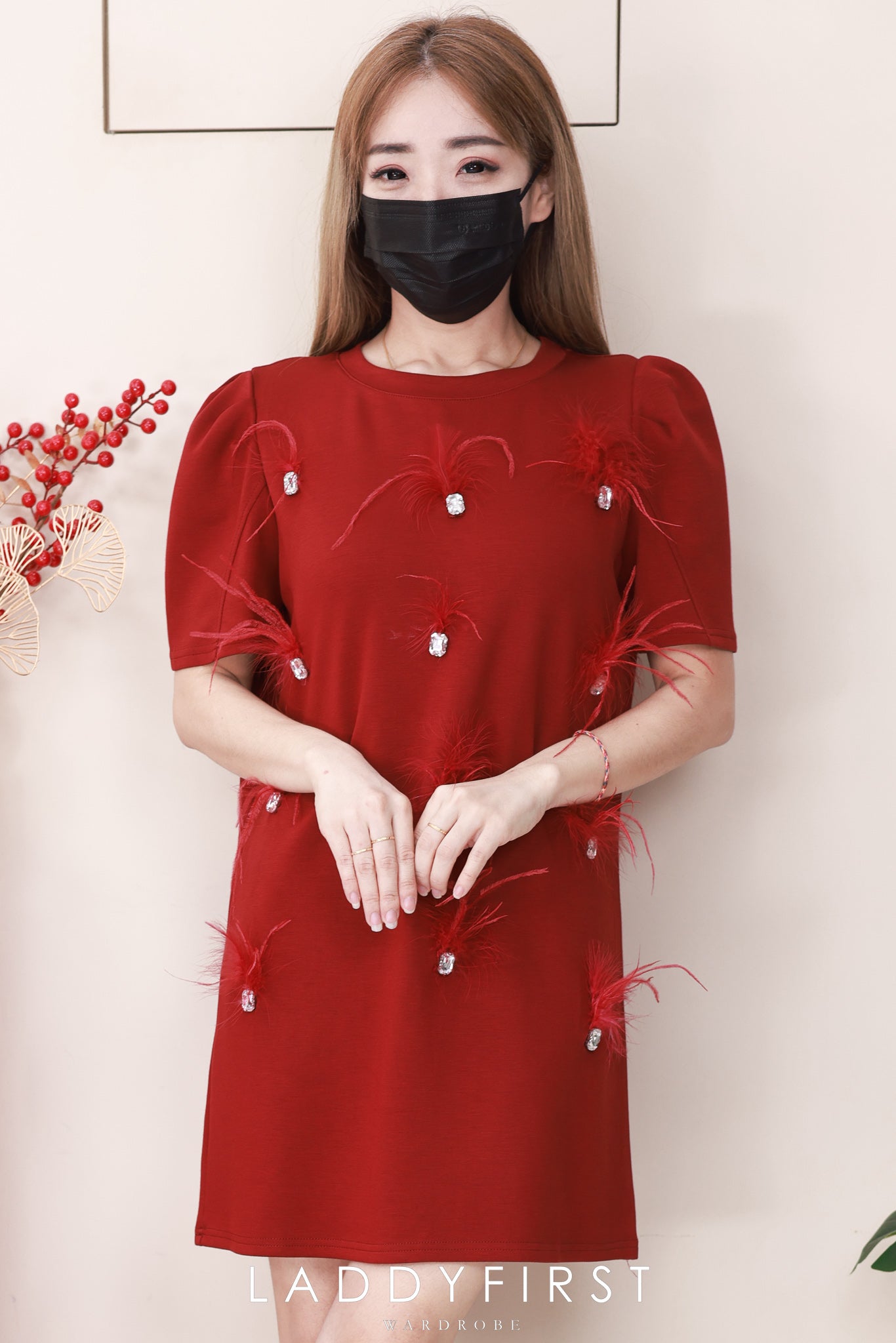 【D8897】高品质贵气感空气棉拼接砖石羽毛连身裙子 ❤❤【B-R1-C2】