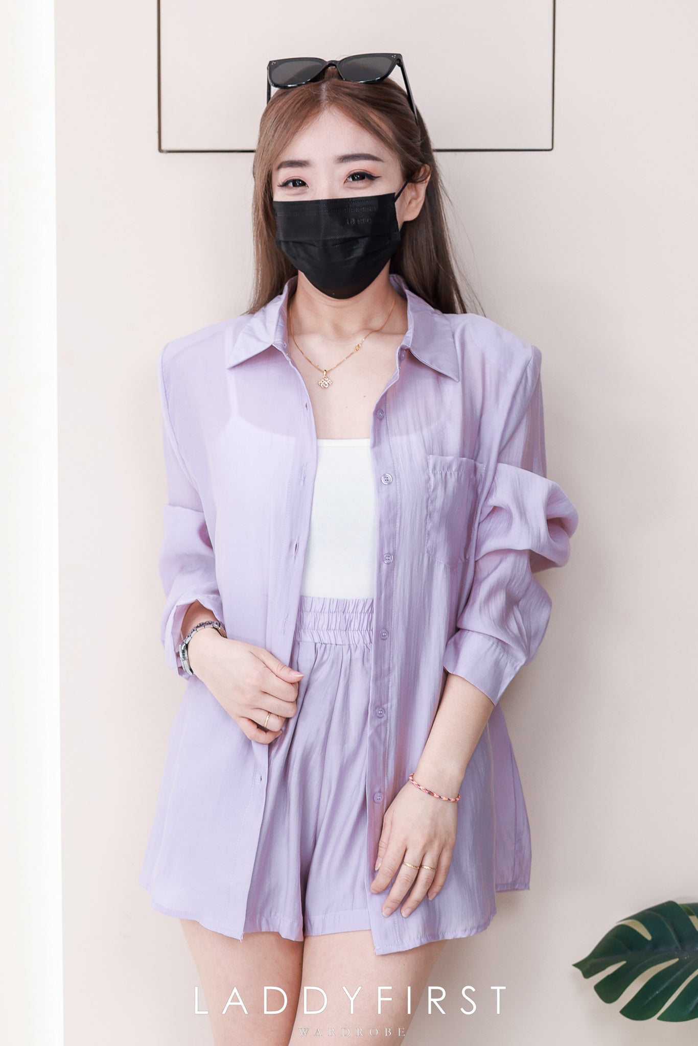 【SS8558】＊推荐款＊高品质两件式衬衫简约休闲套装 ❤️❤️ 翻领长袖上衣，➕松紧腰弹力百搭短裤，有口袋