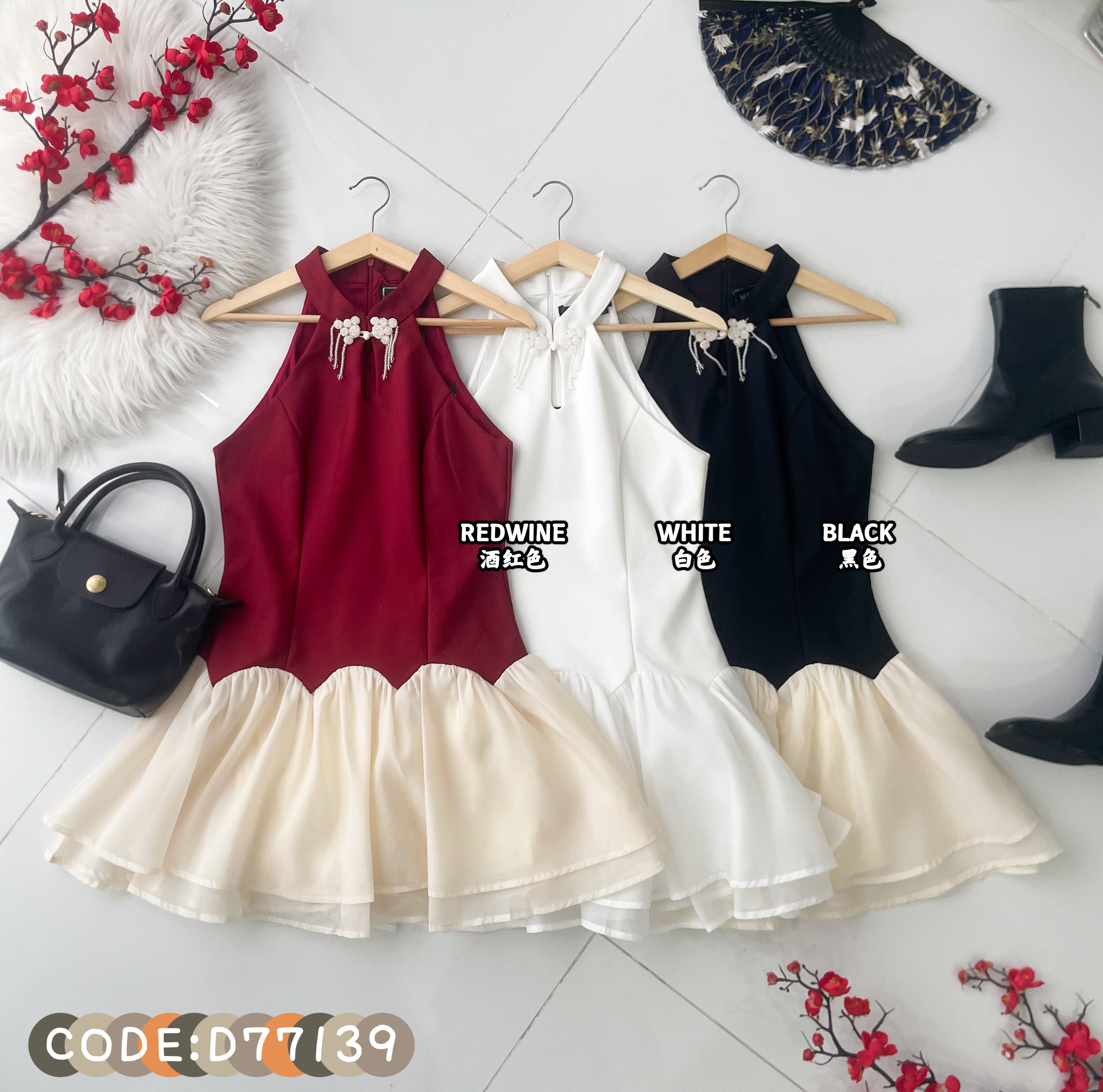 【D77139】高品质精致水晶流苏盘扣设计西装拼接雪纺缝缝旗袍连身裙子，内层有里布短裤 ❤❤【B-R3-C3】