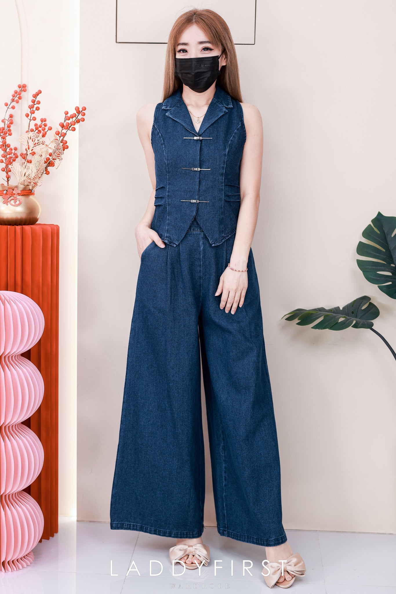 【SS6867】高品质两件式气质感马甲式牛仔套装 马甲式牛仔上衣➕阔脚直筒高腰牛仔长裤 ❤️❤️