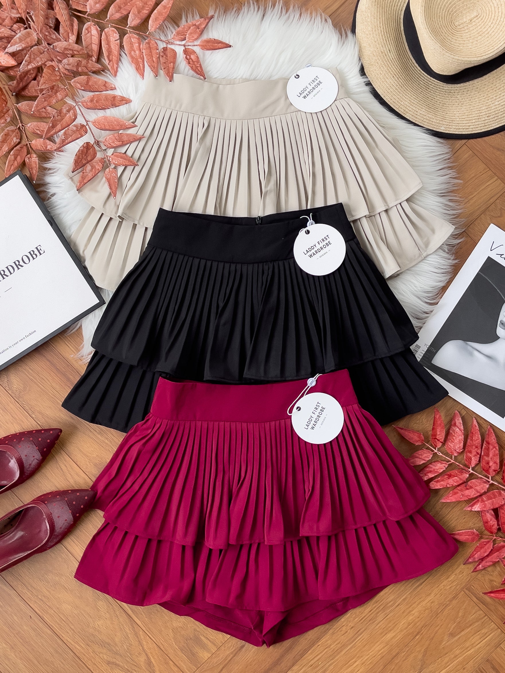 【S68135】【LFW独家小圆饼】【直播间搭配】双层蛋糕百褶荷叶边高腰显瘦西装裙子，内层防走光短裤 ❤️❤️ 【C-R3-C5】