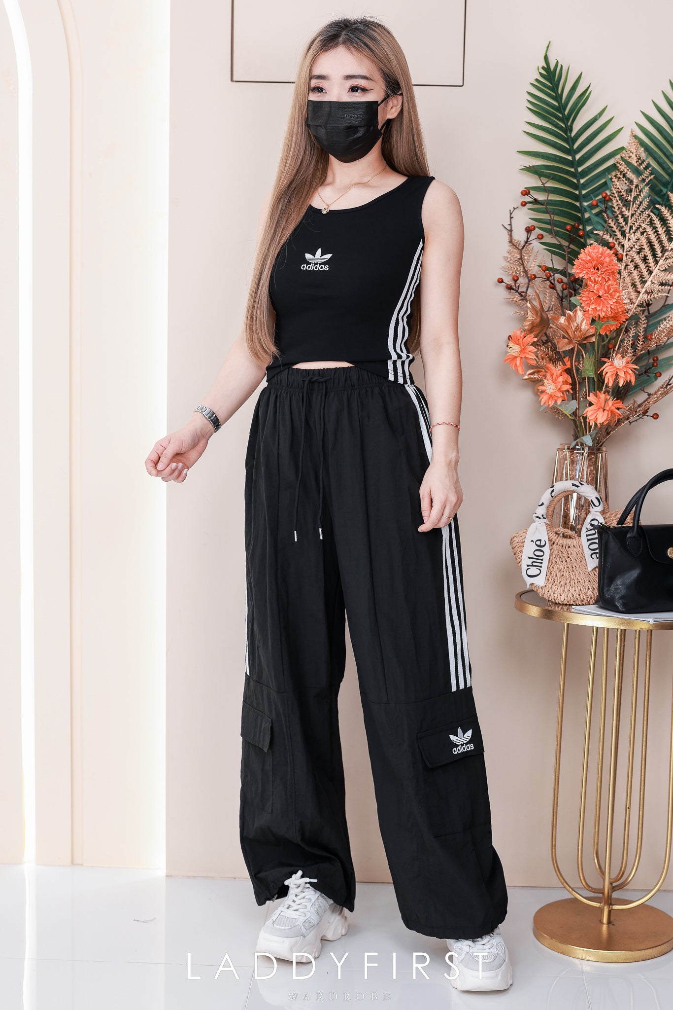 【SS1623】高品质两件式A牌休闲运动套装 纯棉弹力A牌刺绣无袖上衣➕松紧腰弹力阔脚高腰长裤，有口袋 ❤️❤️