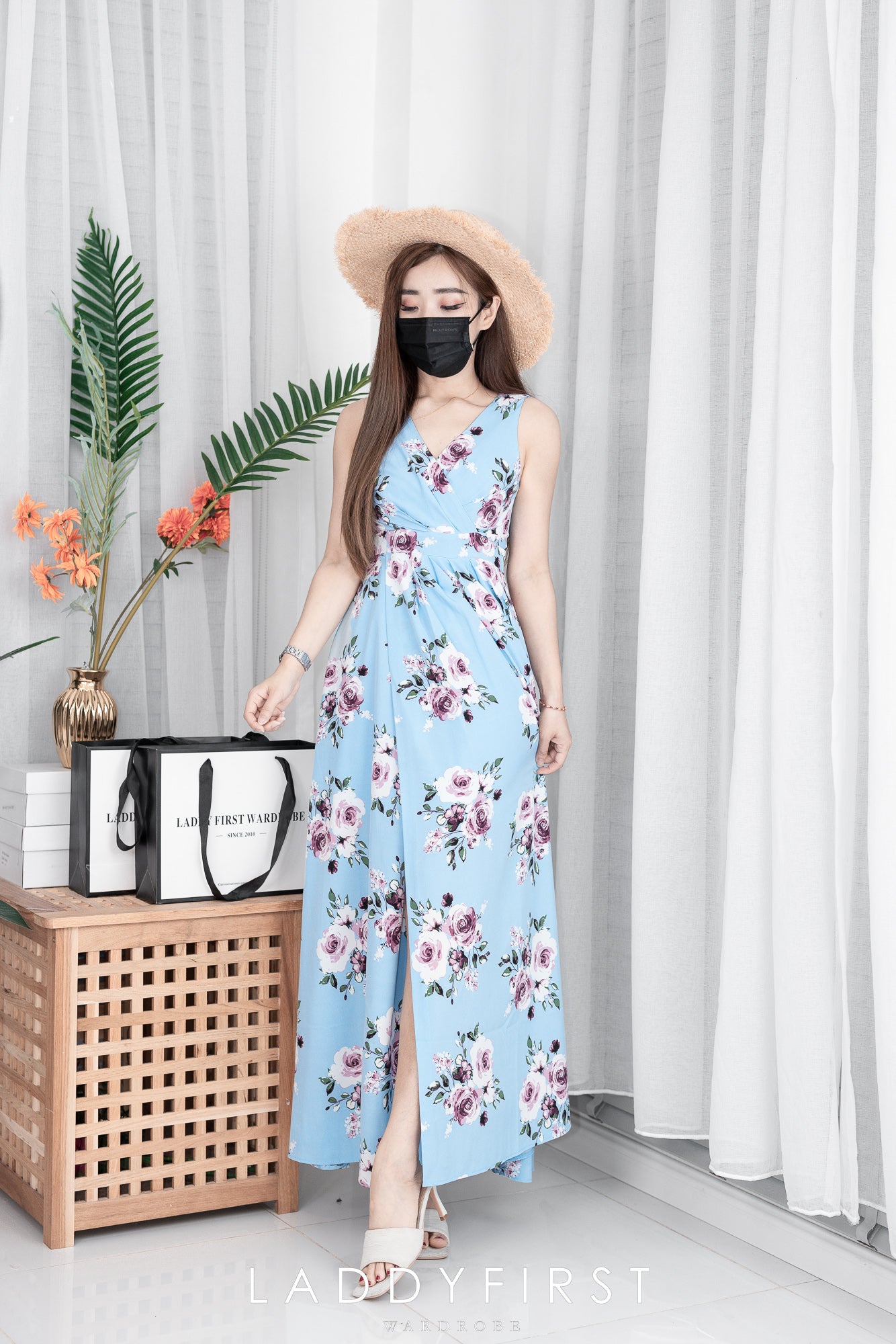 【D2251】欧美风V领交叉设计无袖印花沙滩连身长裙开叉裙子