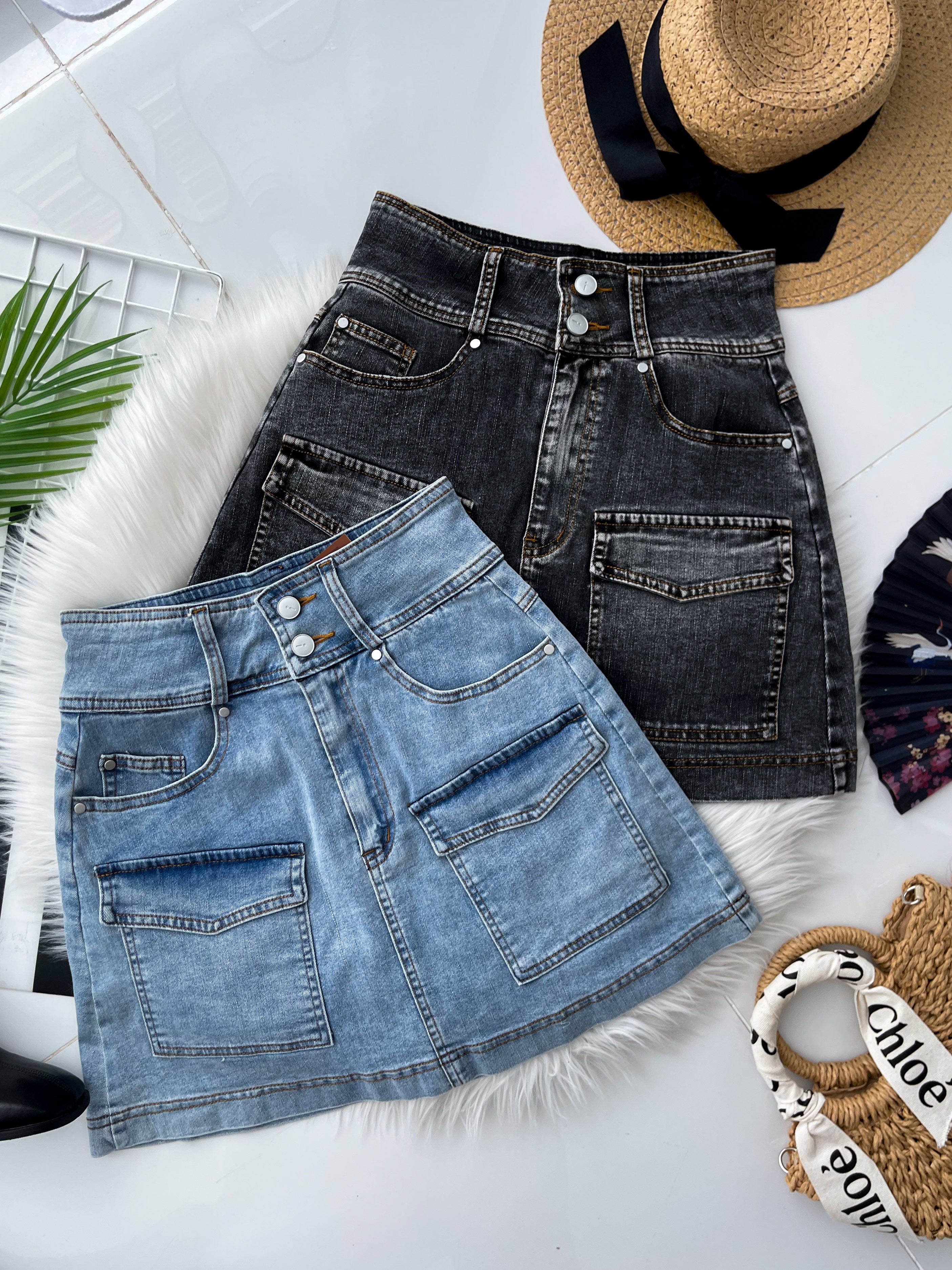 【S121476】高品质韩系显瘦A字 COTTON JEANS 牛仔高腰百搭裙子，内层有安全裤，有口袋 ❤️❤️
