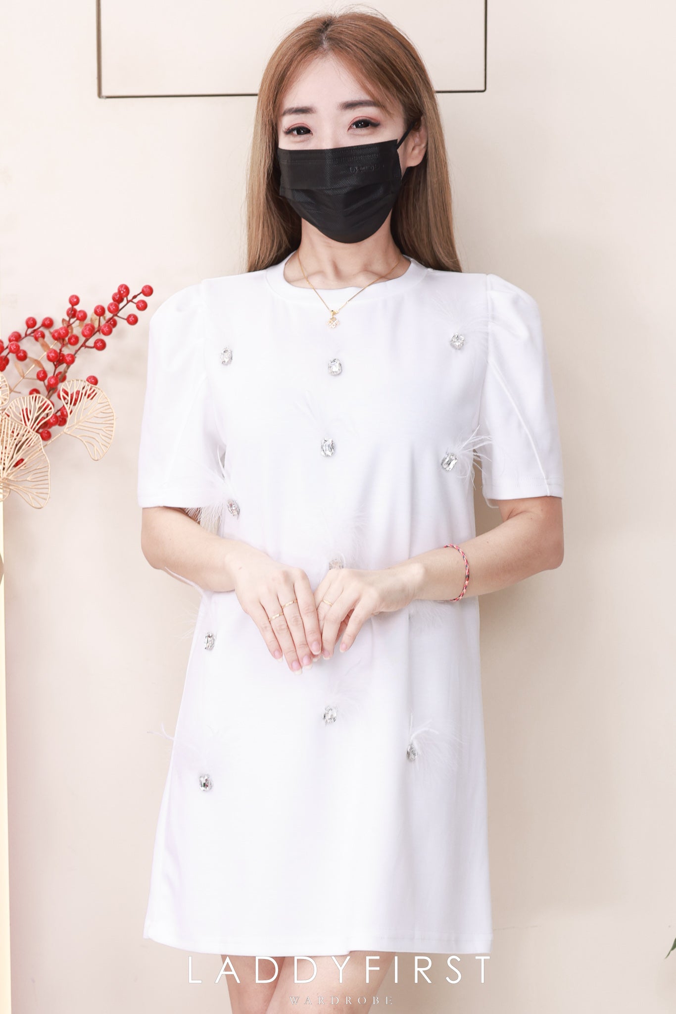 【D8897】高品质贵气感空气棉拼接砖石羽毛连身裙子 ❤❤【B-R1-C2】