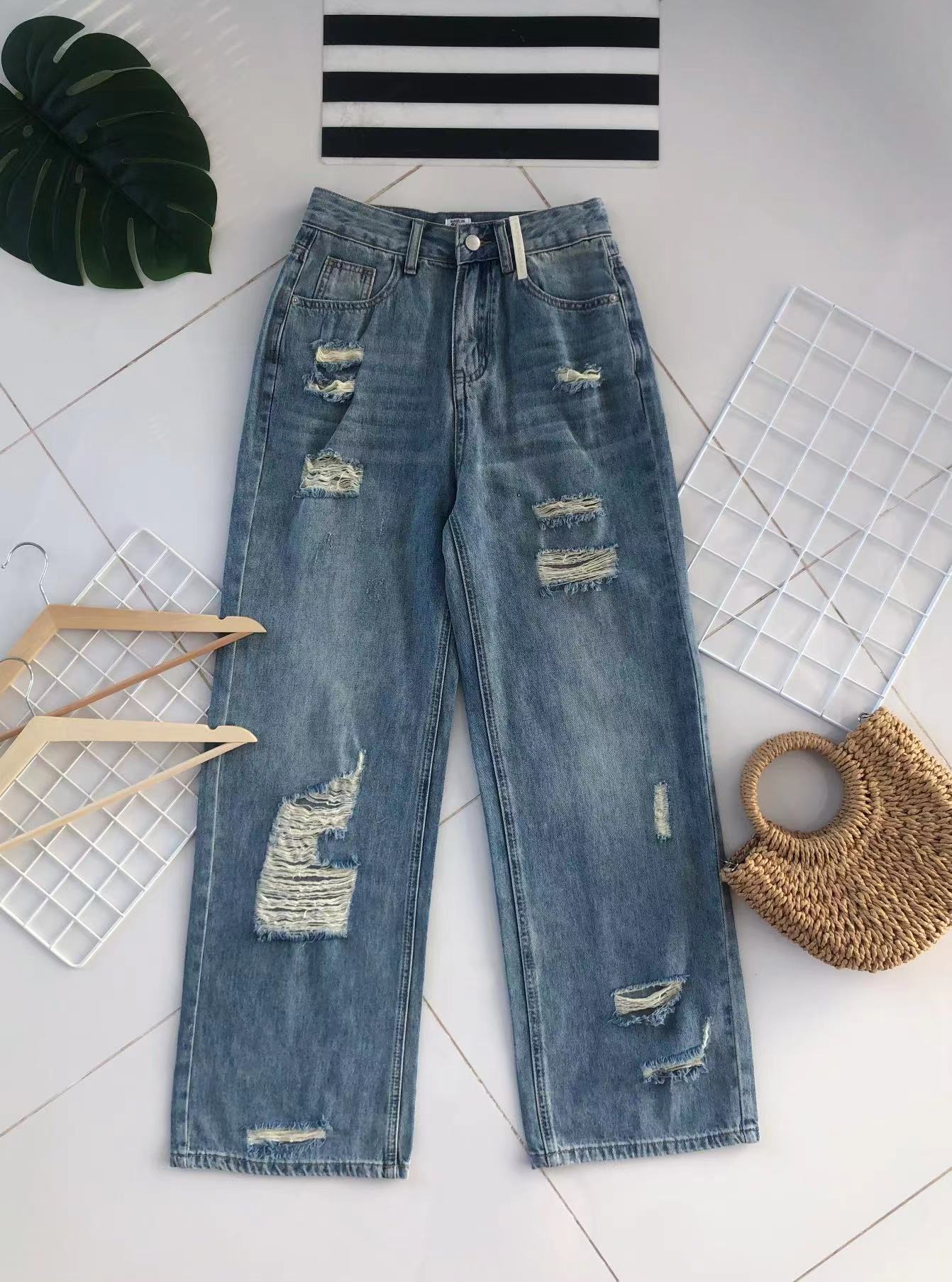 【L50231】高品质牛仔阔脚破洞直筒高腰长裤，有口袋 ❤️❤️