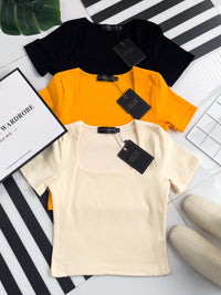 【T50152】LFW独家爆款高品质无痕双层方领短袖纯棉弹力简约日常百搭款上衣 ❤❤ 【A-R1-C3】