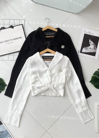 【T25143】高品质V翻领抓交叉设计缎面长袖气质时装上衣 ❤❤【A-R1-C5】