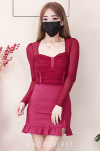 【D8228421】【LFW独家小圆饼】高品质透视网纱皱褶长袖上衣拼接荷叶摆西装连身裙子，内层里布短裤 ❤️❤️ 【E-R1-C3】