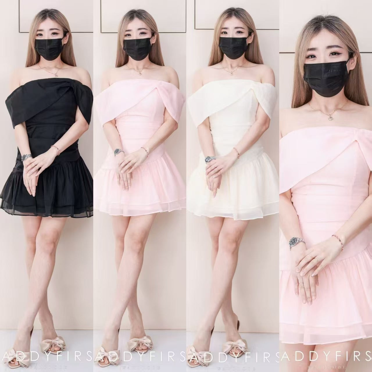 【D8238081】高品质气质温柔风一字肩亮面网纱连身裙子 ❤️❤️
