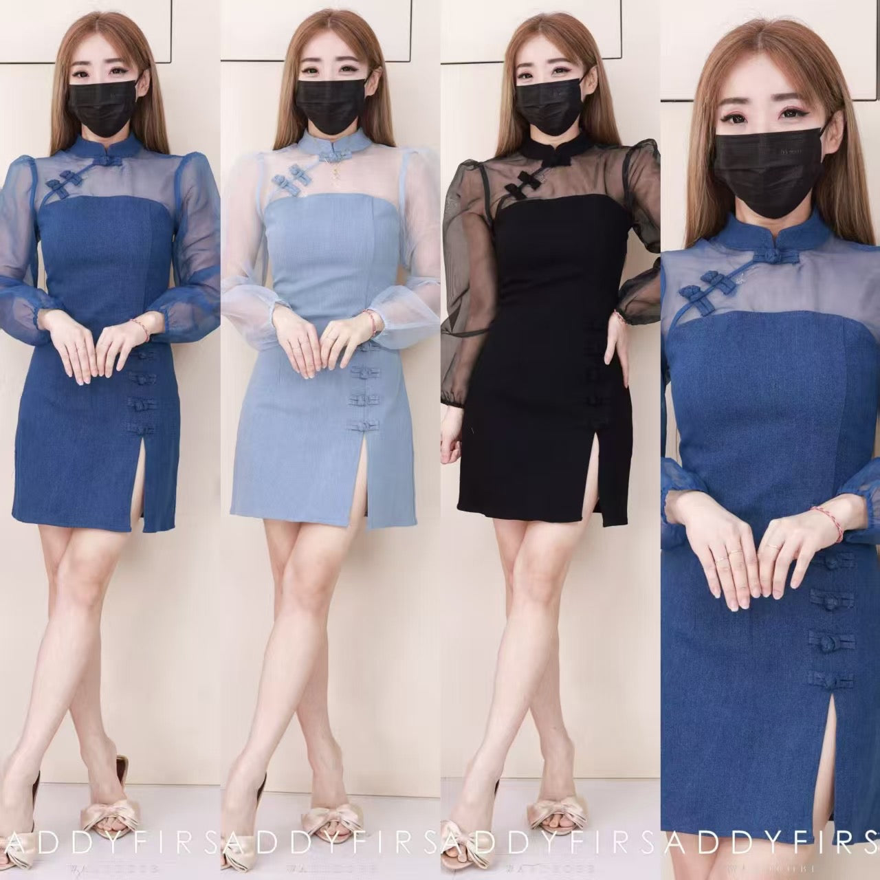 【D2640】高品质优雅气质透视网纱拼接牛仔旗袍连身裙子 ❤❤【B-R2-C4】