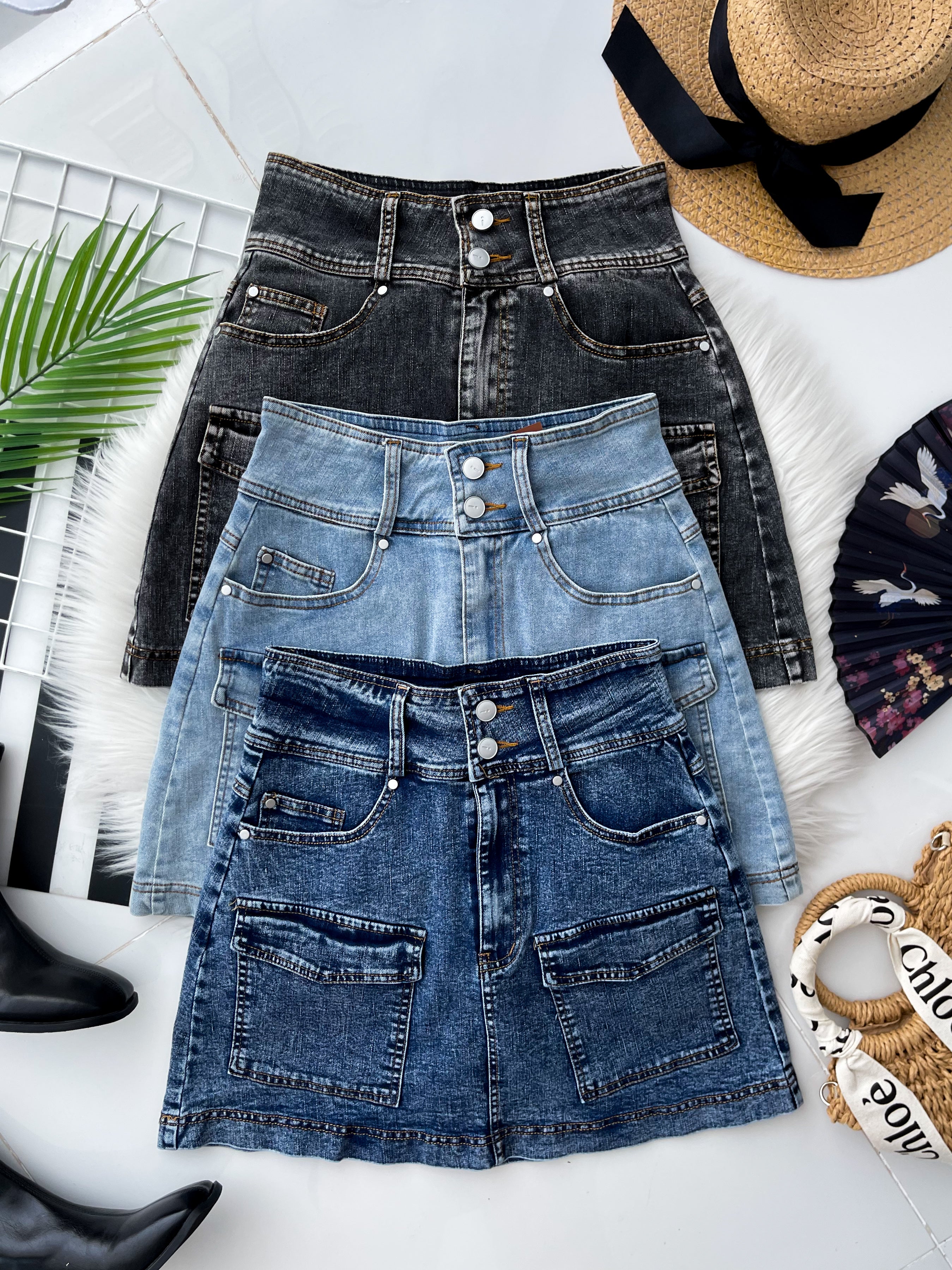 【S121476】高品质韩系显瘦A字 COTTON JEANS 牛仔高腰百搭裙子，内层有安全裤，有口袋 ❤️❤️
