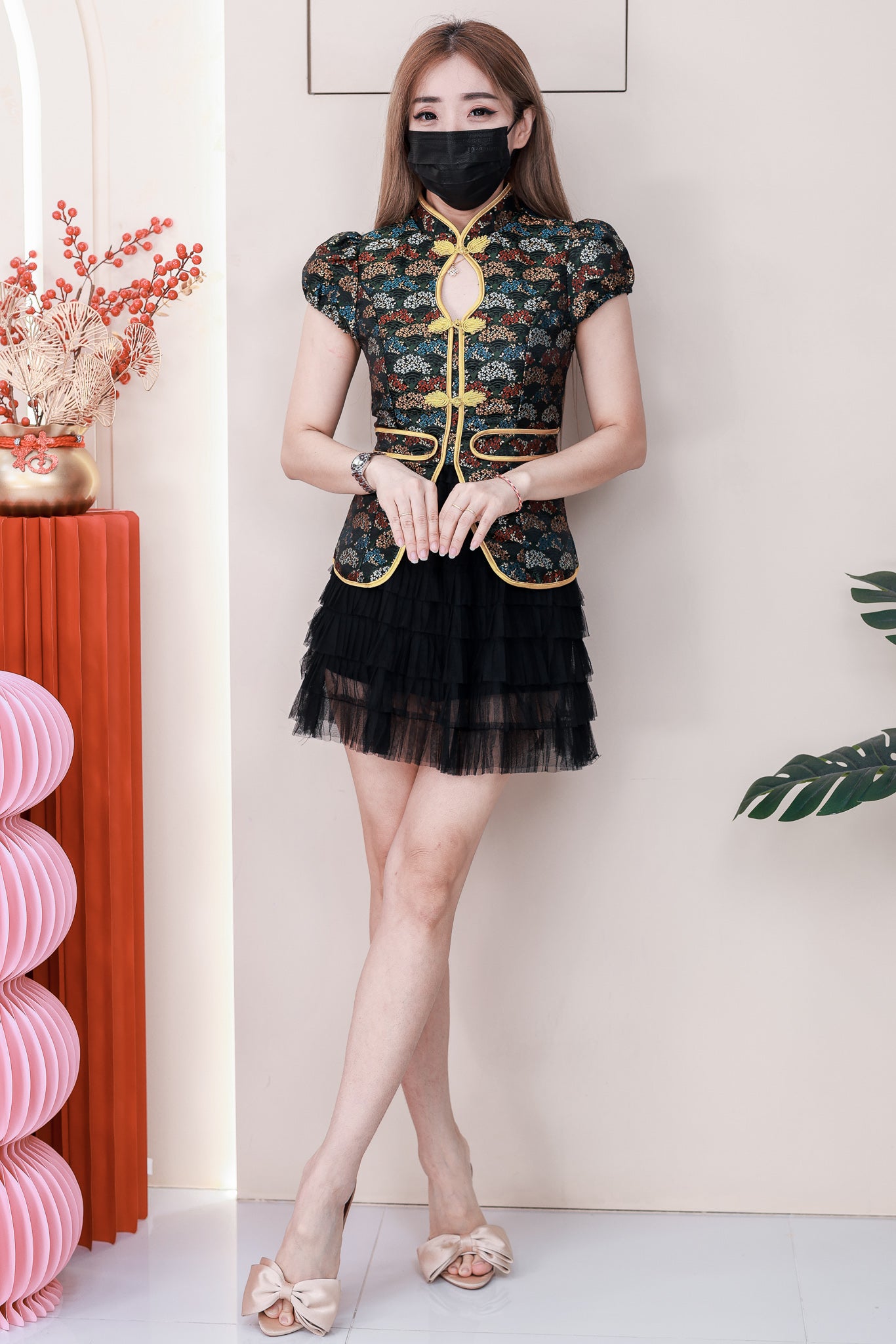 【SS110847】高品质两件式特别设计感提花拼接网纱旗袍套装 泡泡袖提花旗袍上衣➕层次网纱蛋糕裙子，内层有里布短裤 ❤️❤️