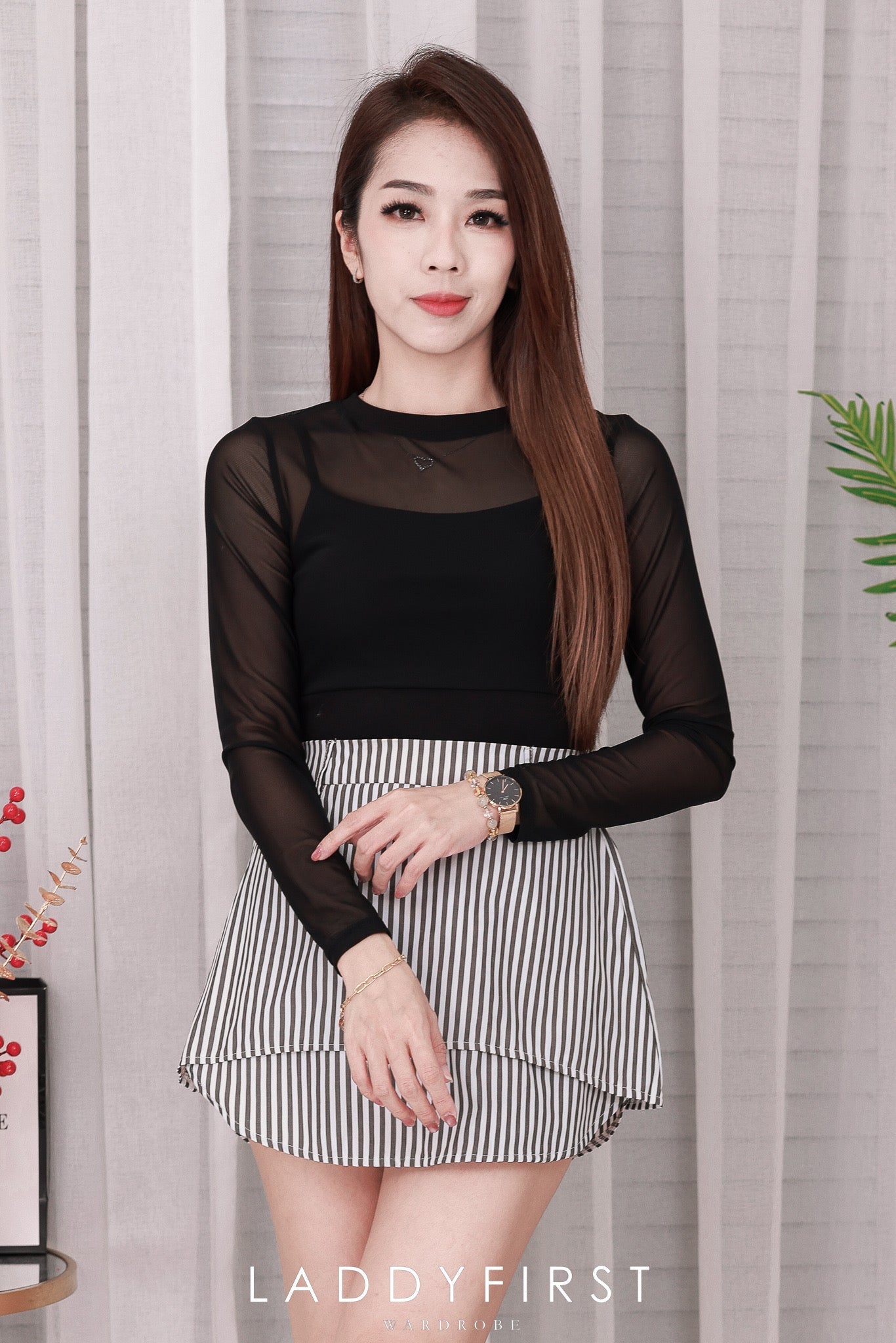 【T110743】高品质假两件纯棉内搭拼接透视长袖网纱上衣 ❤️❤️