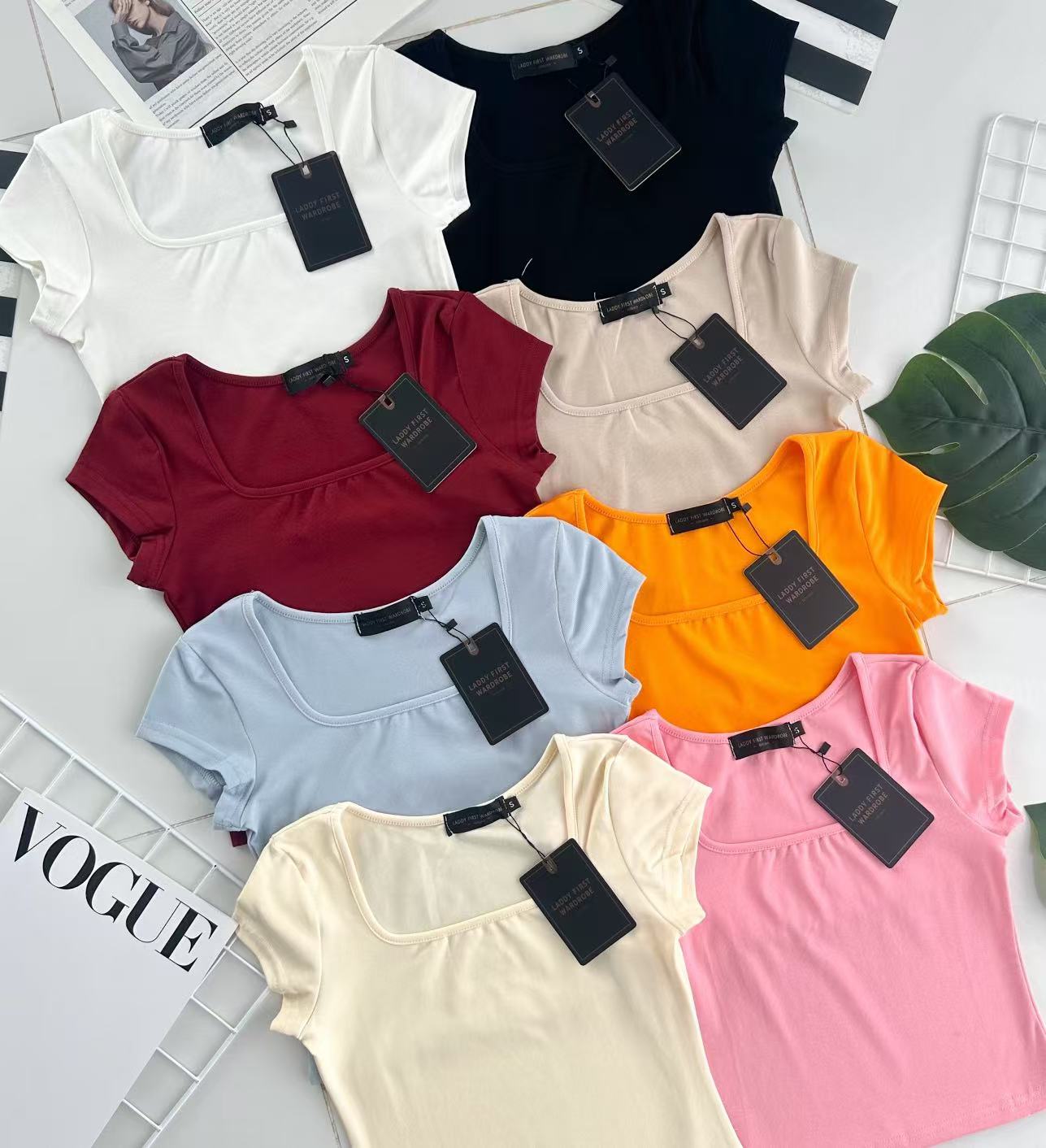 【T50151】独家爆款高品质方领短袖纯棉弹力简约日常百搭款上衣 ❤❤  【B-R2-C5】