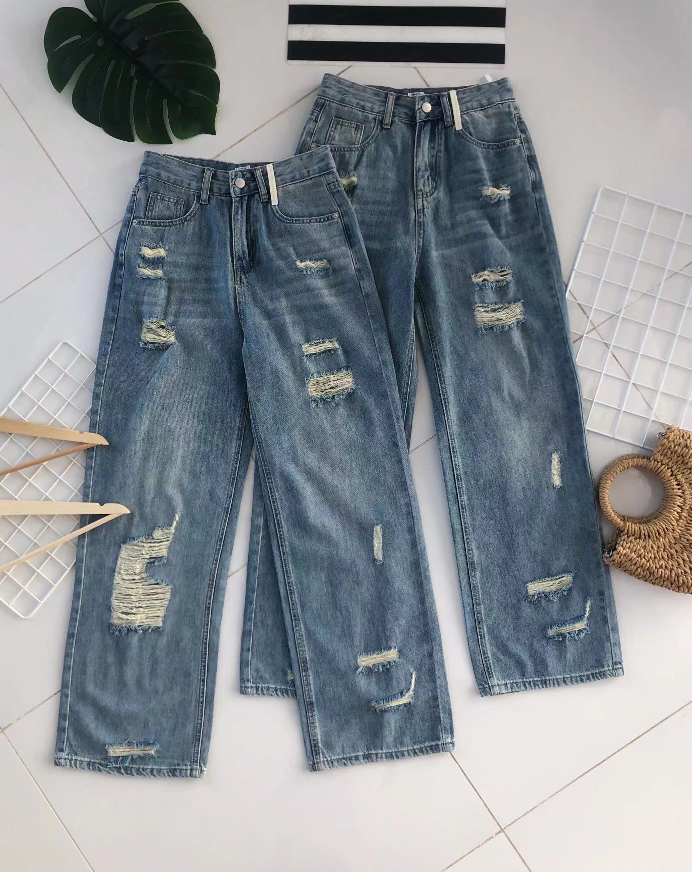 【L50231】高品质牛仔阔脚破洞直筒高腰长裤，有口袋 ❤️❤️