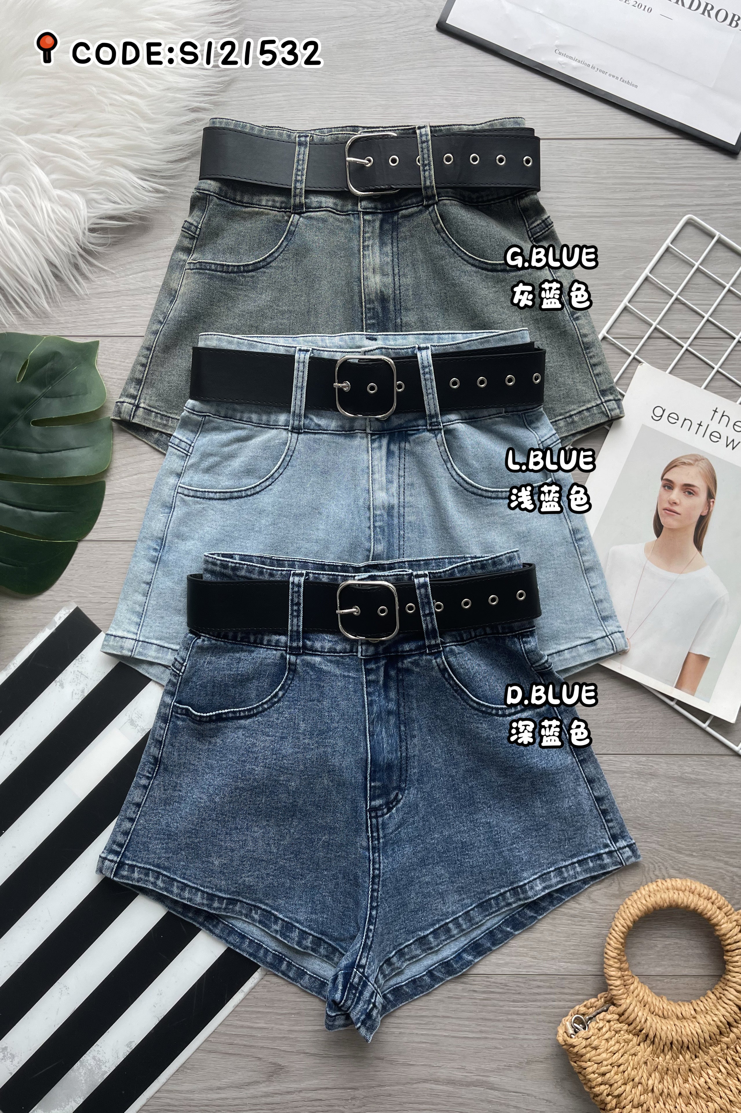 【S121532】COTTON JEANS简约时尚牛仔高腰百搭短裤，搭配配送腰带，有口袋 ❤️❤️