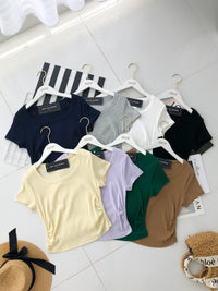 【T82366】高品质圆领短袖螺纹弹力腰间修身设计休闲百搭上衣 ❤️❤️ 【A-R1-C4】