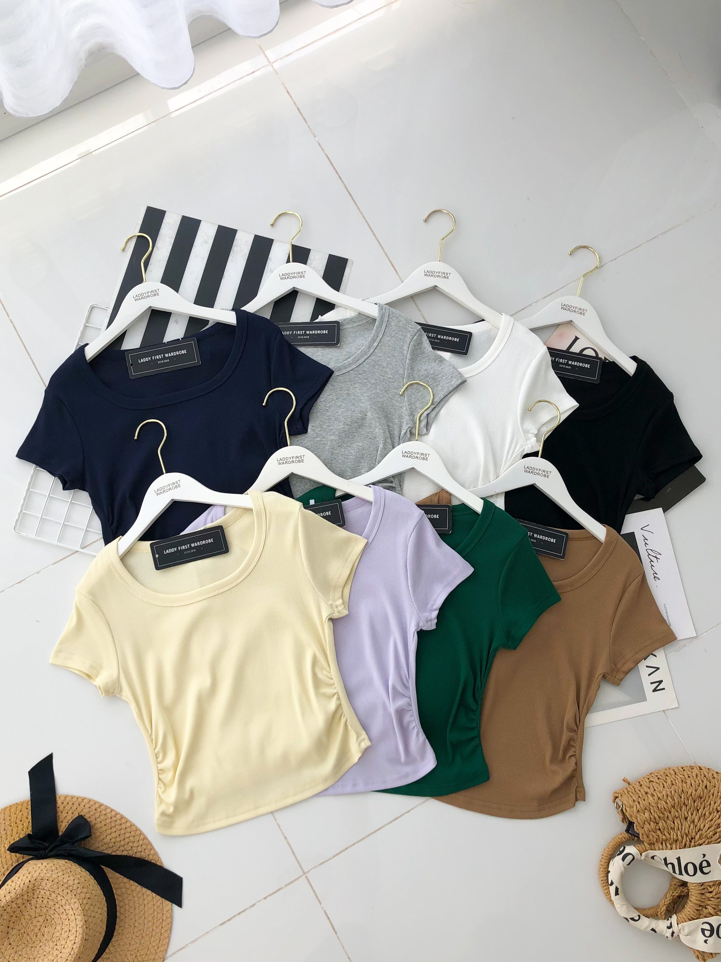 【T82366】高品质圆领短袖螺纹弹力腰间修身设计休闲百搭上衣 ❤️❤️ 【A-R1-C4】