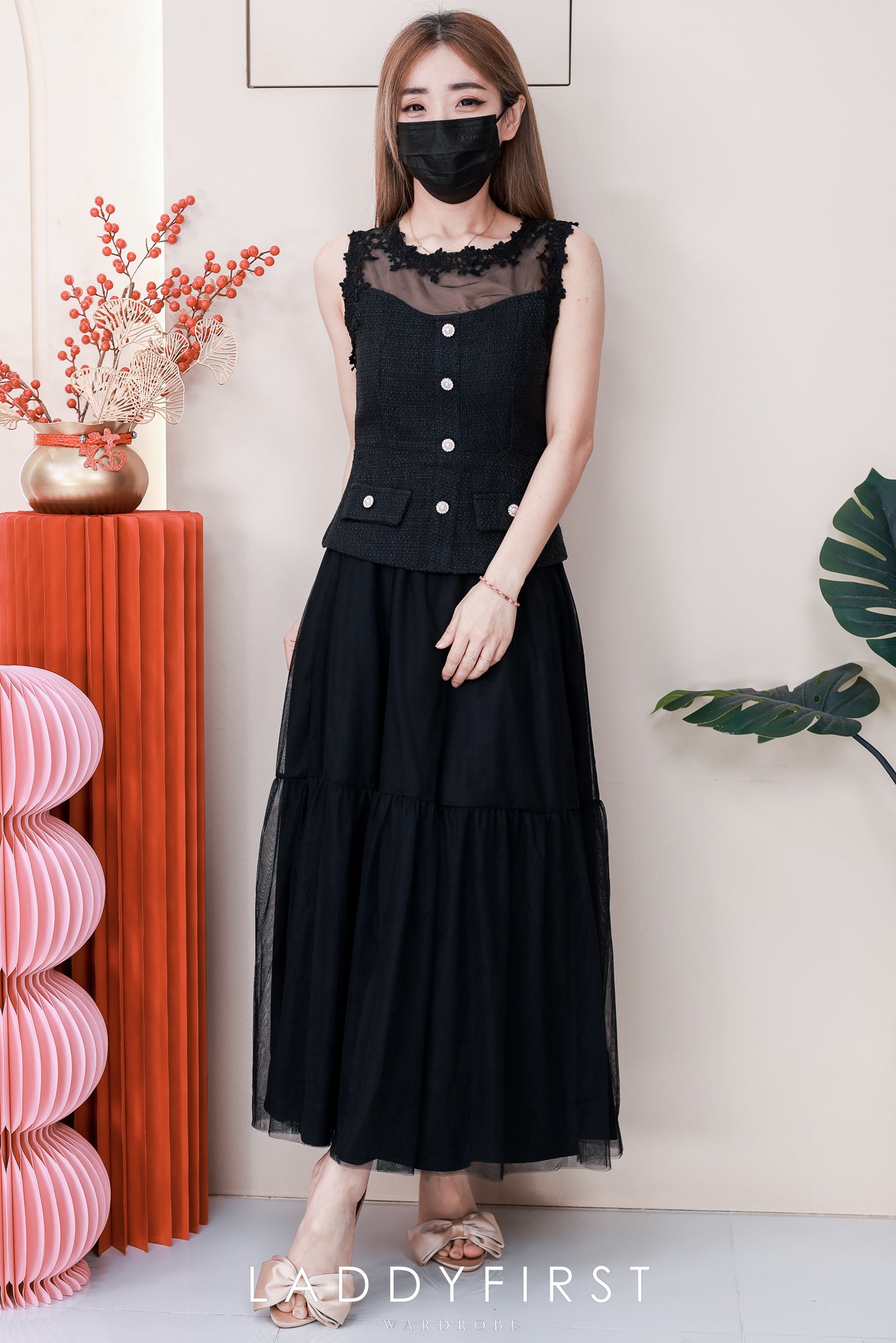 【SS6636】高品质两件式韩式轻奢风时尚套装 小香风上衣➕松紧腰弹力蛋糕网纱长裙 ❤️❤️