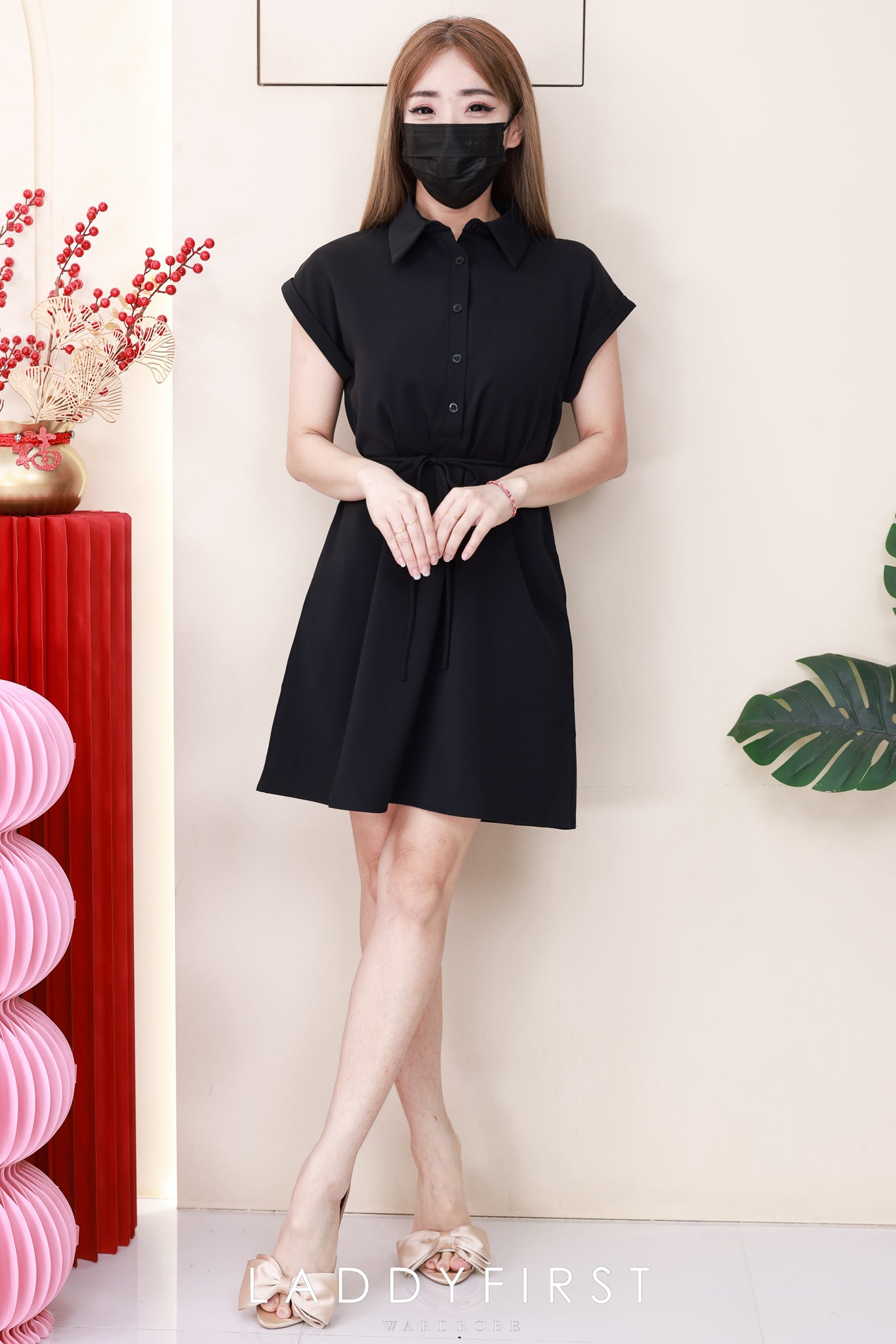 【D1783】独家爆款高品质翻领短袖收腰自绑细带西装垂感慵懒休闲风连身裙子，有口袋 ❤️❤️【A-R2-C1】