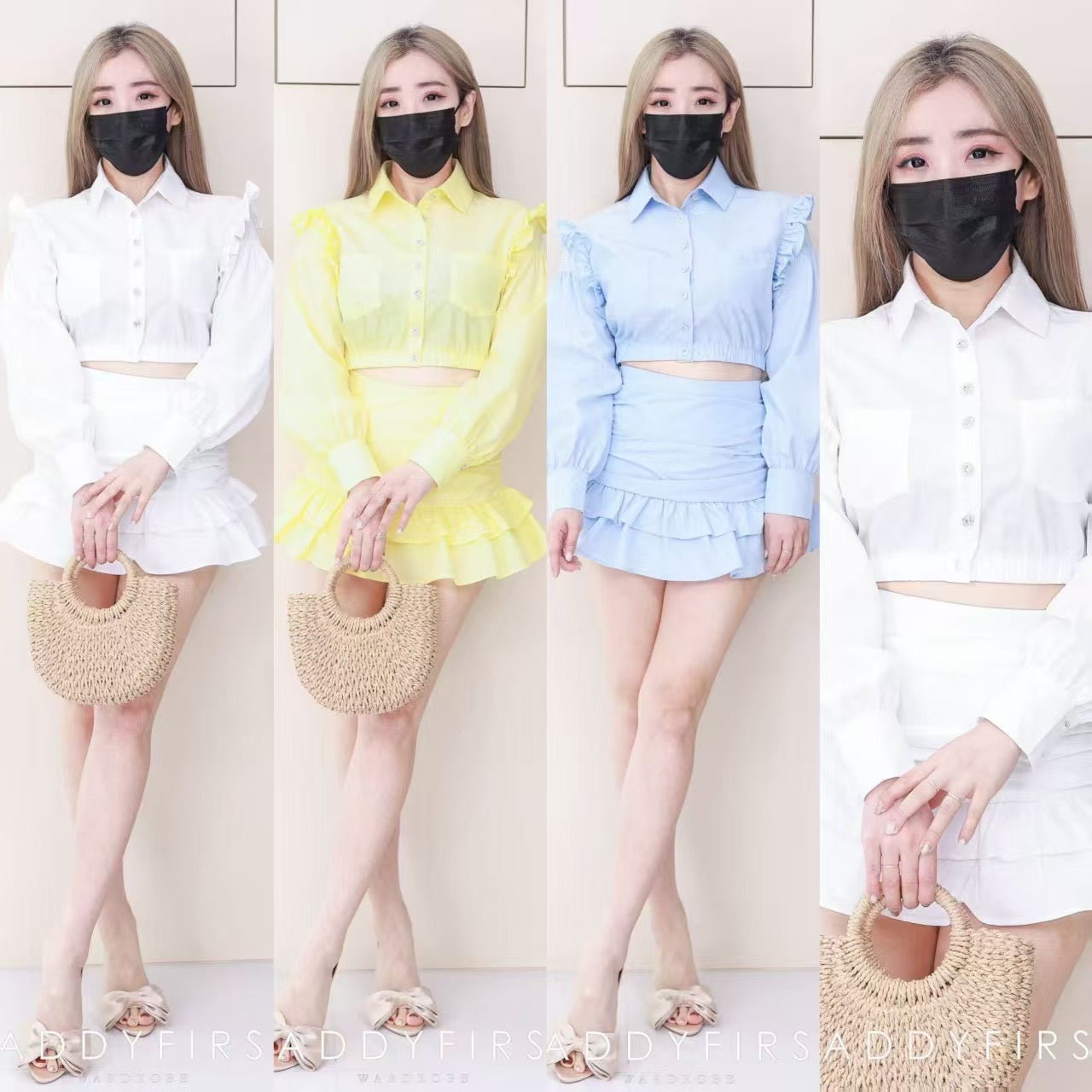 【SS25053】两件式减龄衬衫套装 翻领长袖上衣➕层次压褶蛋糕高腰裙子，内层有里布短裤 ❤️❤️【A-R2-C5】