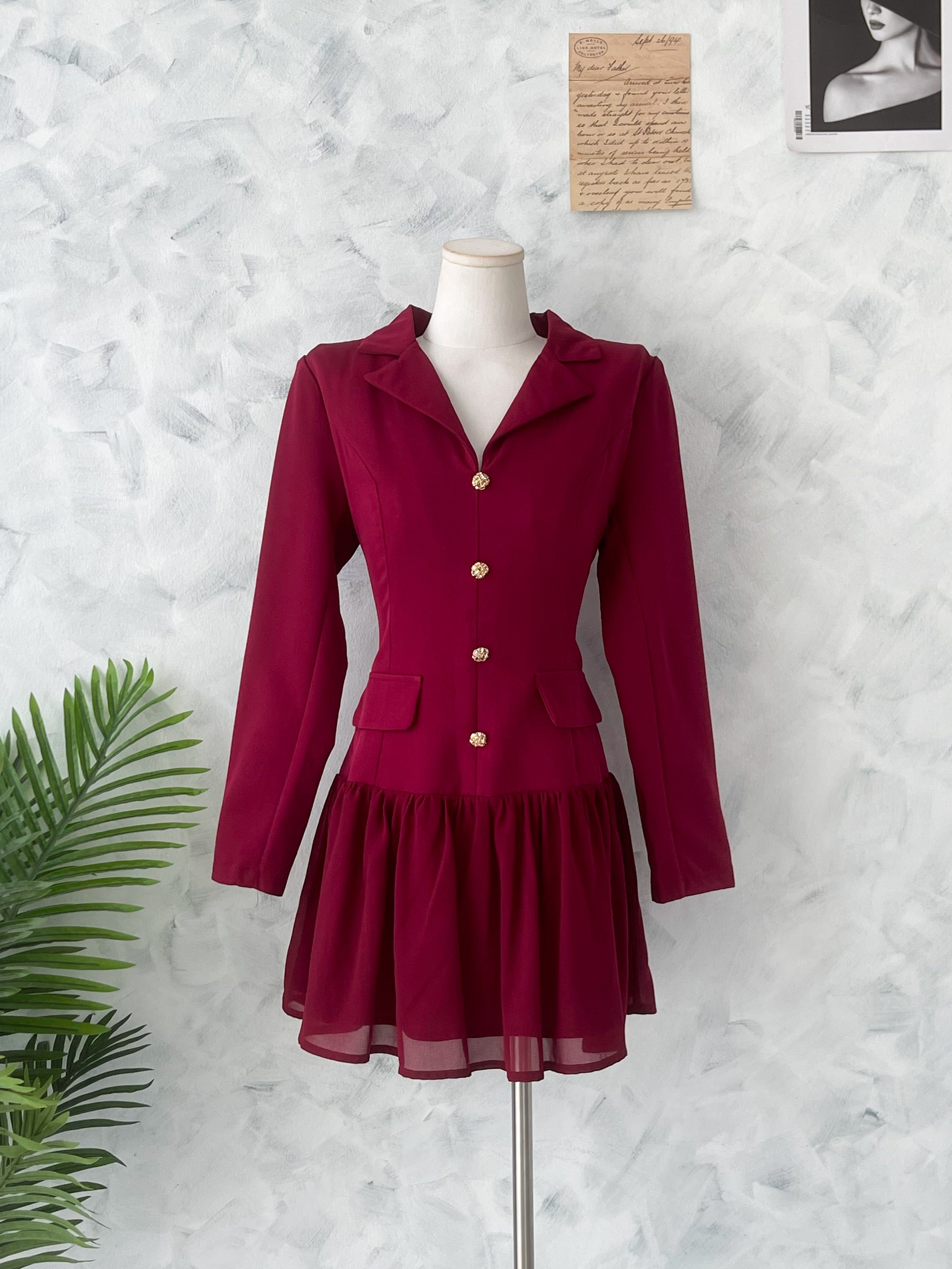 【D81181】高品质韩系御姐风长袖西装拼接雪纺连身裙子 ❤❤【A-R2-C1】