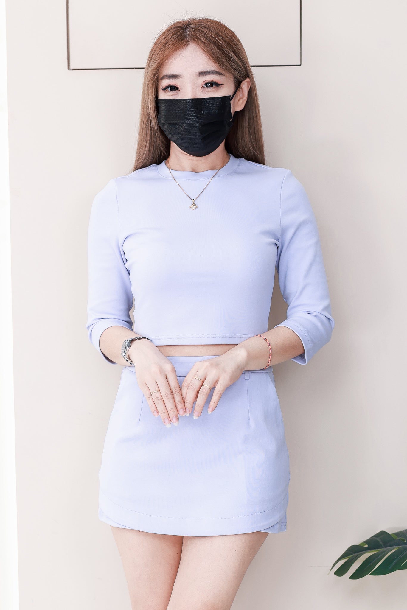 【SS3538】 独家爆款高品质两件式纯棉弹力简约时尚百搭套装 圆领长袖百搭上衣➕前后裙中高腰百搭裙子，内层有里布短裤，有口袋 ❤️❤️