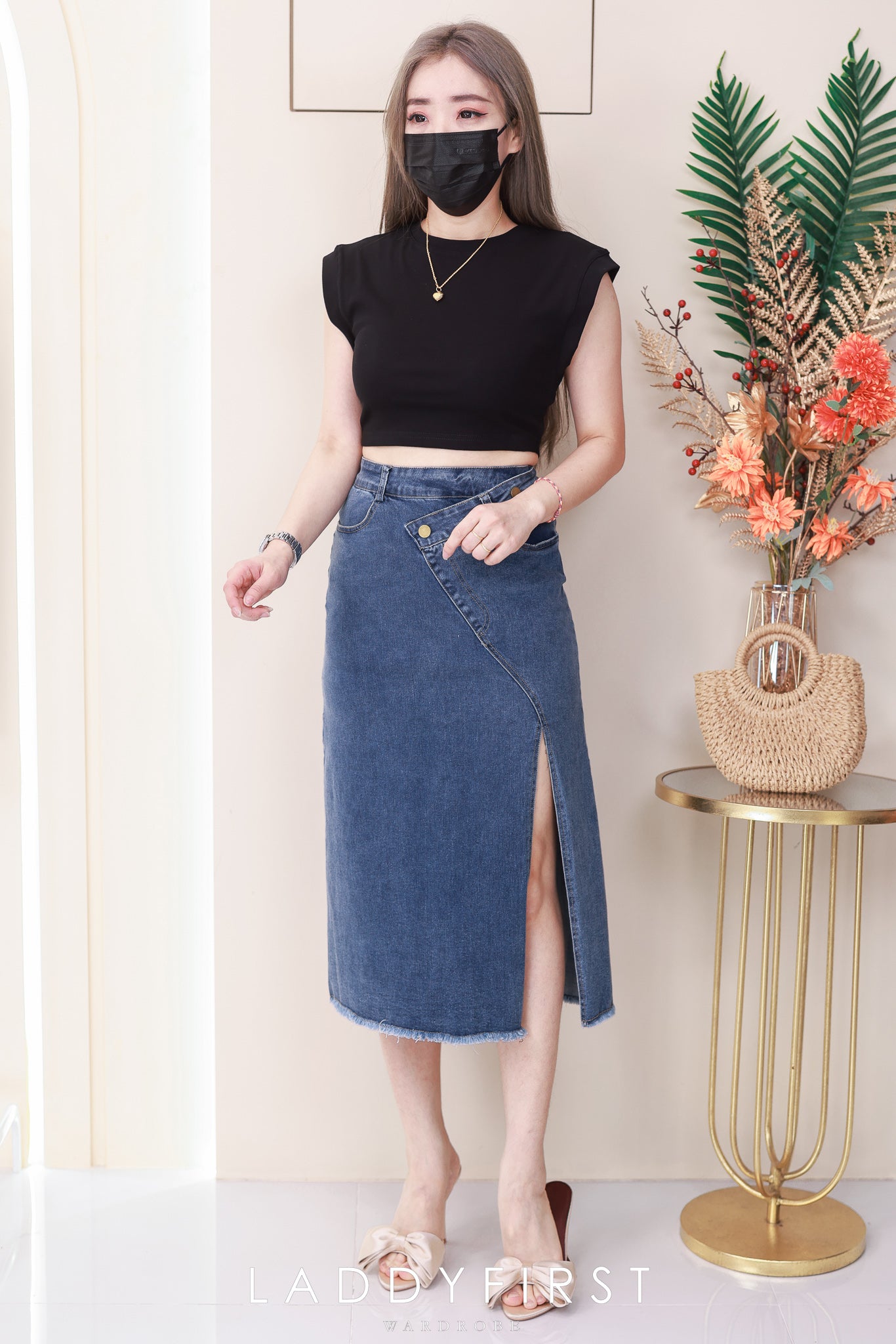 【L121417】高品质COTTON JEANS牛仔弹力韩系时尚开叉设计高腰裙子，有口袋 ❤️❤️