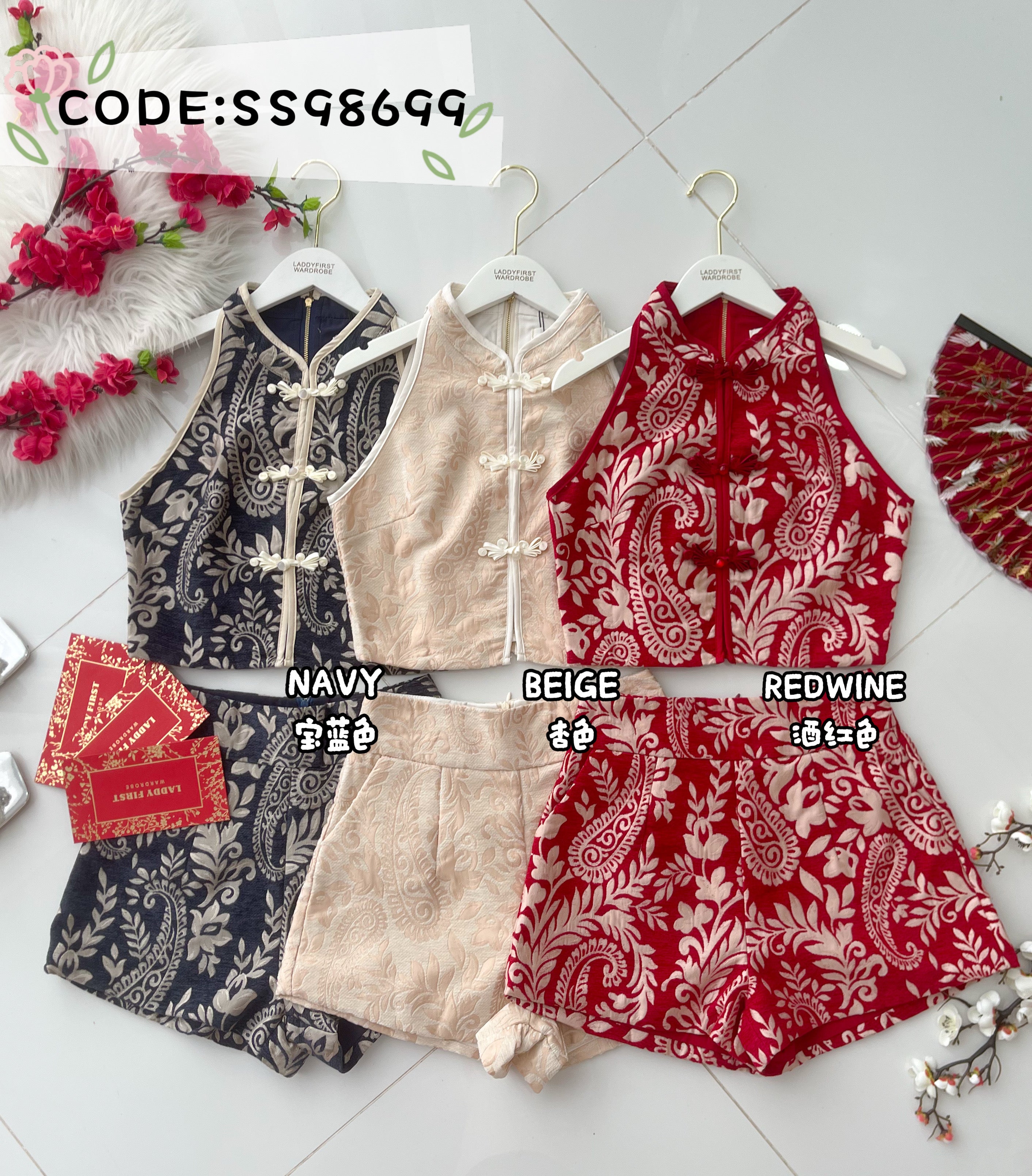 【SS98699-1】⚡补货预订款⚡高品质两件式新中式雪尼尔花纹旗袍套装 CUT IN无袖旗袍上衣➕旗袍高腰短裤，有口袋 ❤️❤️