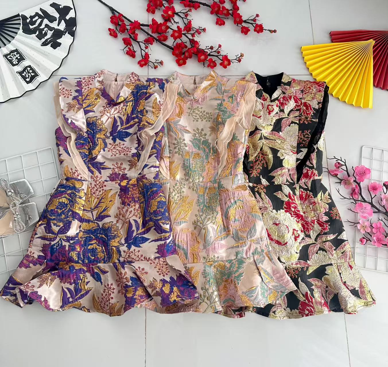 【D22346】高品质高端气质无袖荷叶边提花旗袍连身裙子，内层有里布短裤 ❤❤