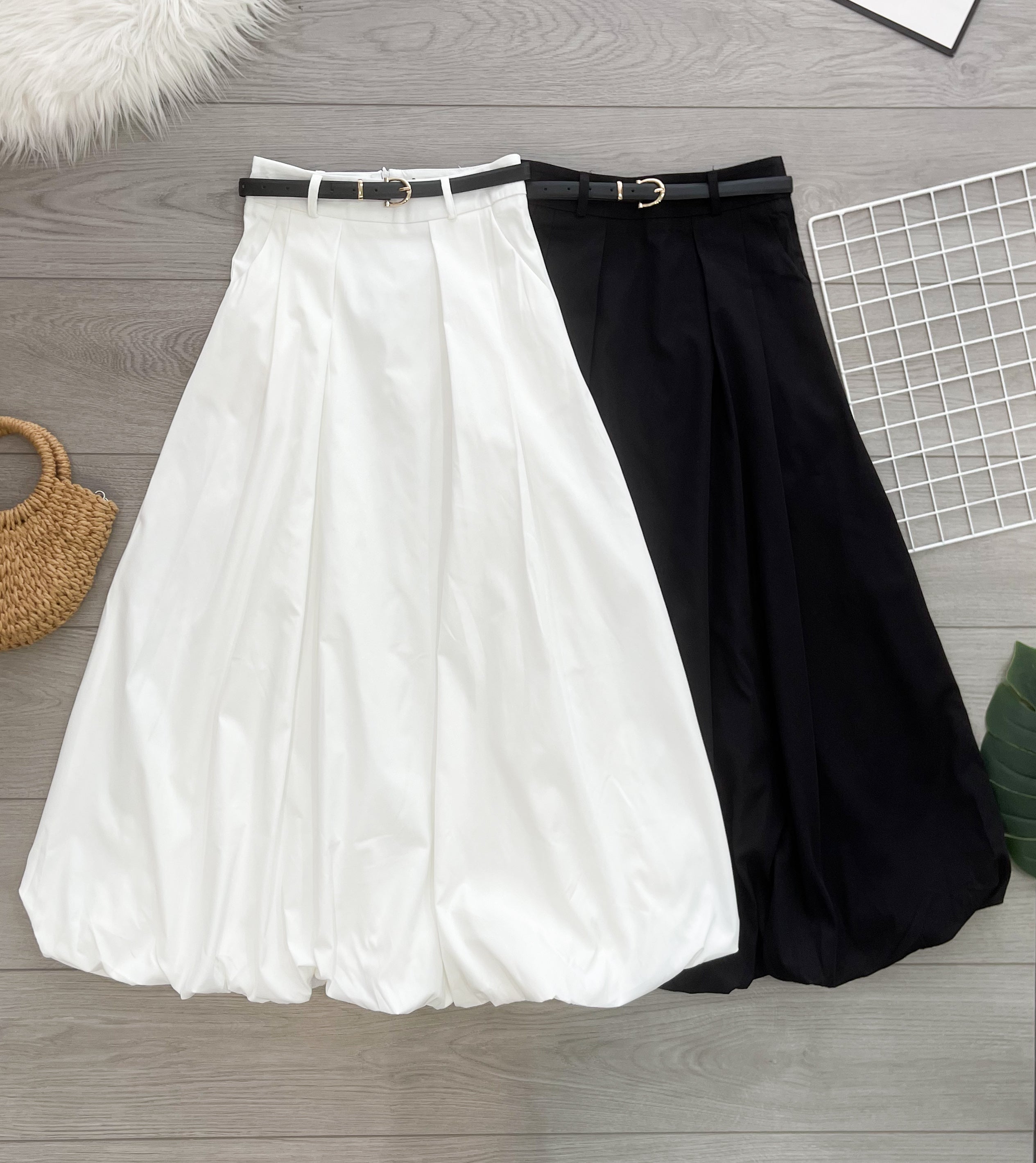 【L2738】高品质韩式仙气泡泡花苞百褶宽阔高腰长裙，搭配配送腰带，有口袋 ❤️❤️