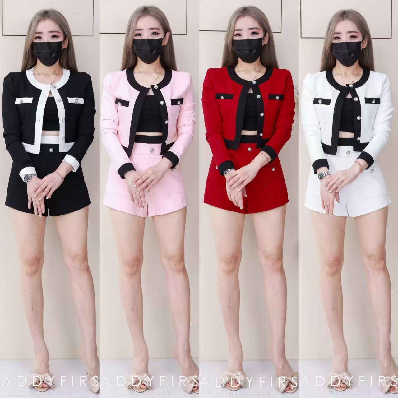【SS3512】【LFW独家小圆饼】高品质两件高端气质罗马韩式小香风时尚套装 小香长袖罗马上衣/小外套➕罗马高腰百搭短裤，有口袋 ❤️❤️