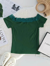 【T17411】针织拼接蕾丝一字肩上衣 ❤️