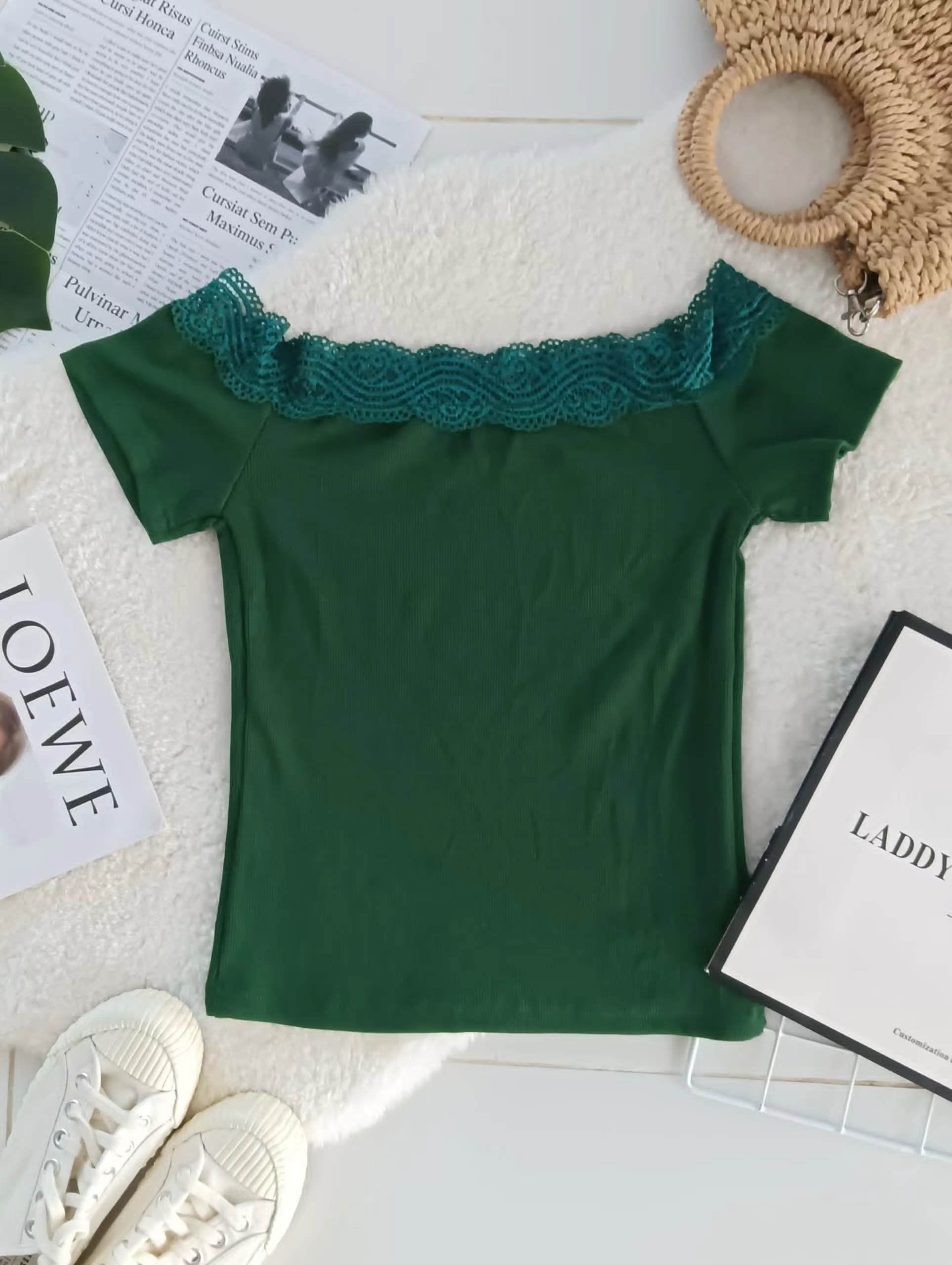 【T17411】针织拼接蕾丝一字肩上衣 ❤️