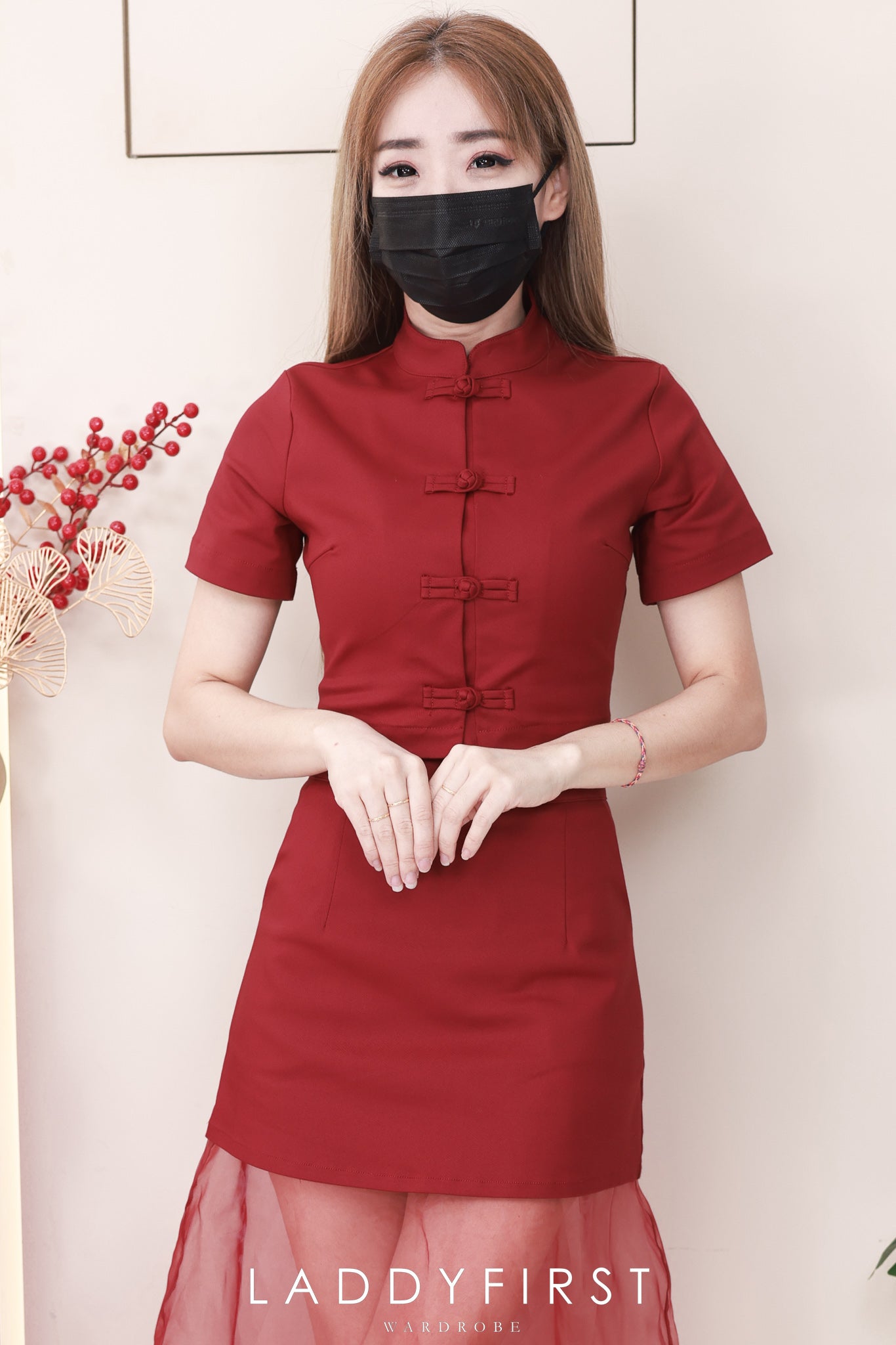 【SS2758】高品质两件式旗袍套组 锦棉旗袍短袖上衣➕锦棉拼接网纱裙子 ❤️❤️