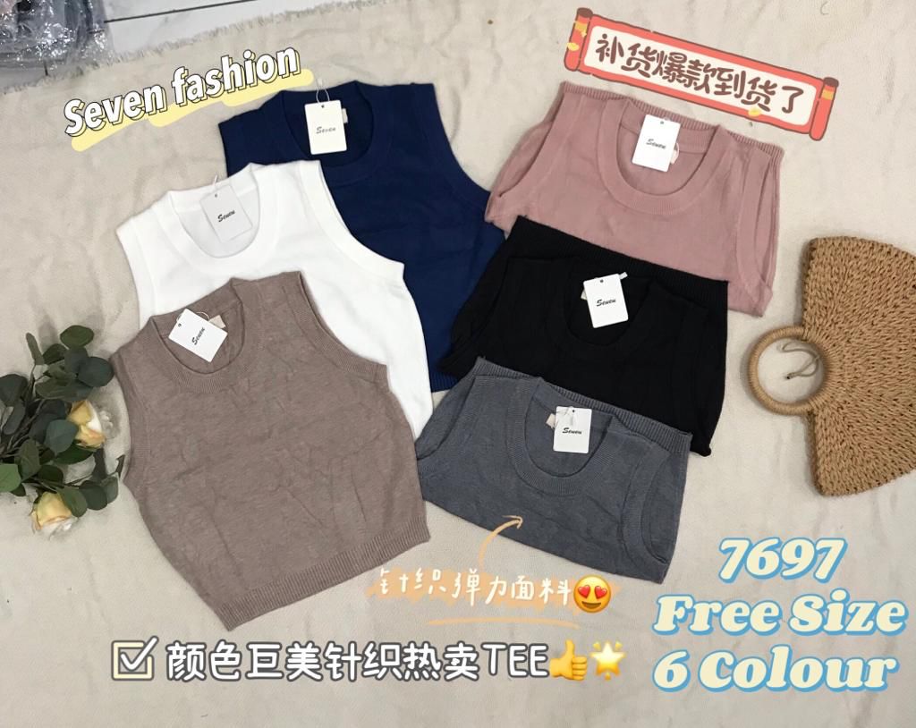 【T7697】圆领无袖针织弹力百搭上衣