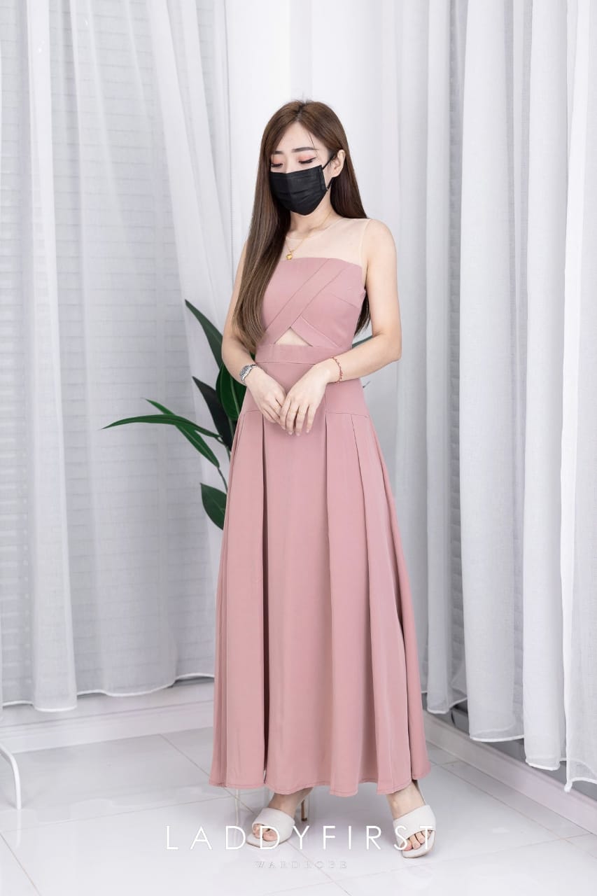 【D4806】透视网纱无袖时尚优雅西装垂感连身长裙