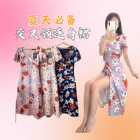【D3320】【网站福利款✨】公主袖交叉领连身summer裙子，内有裤子【B-RU- C1】