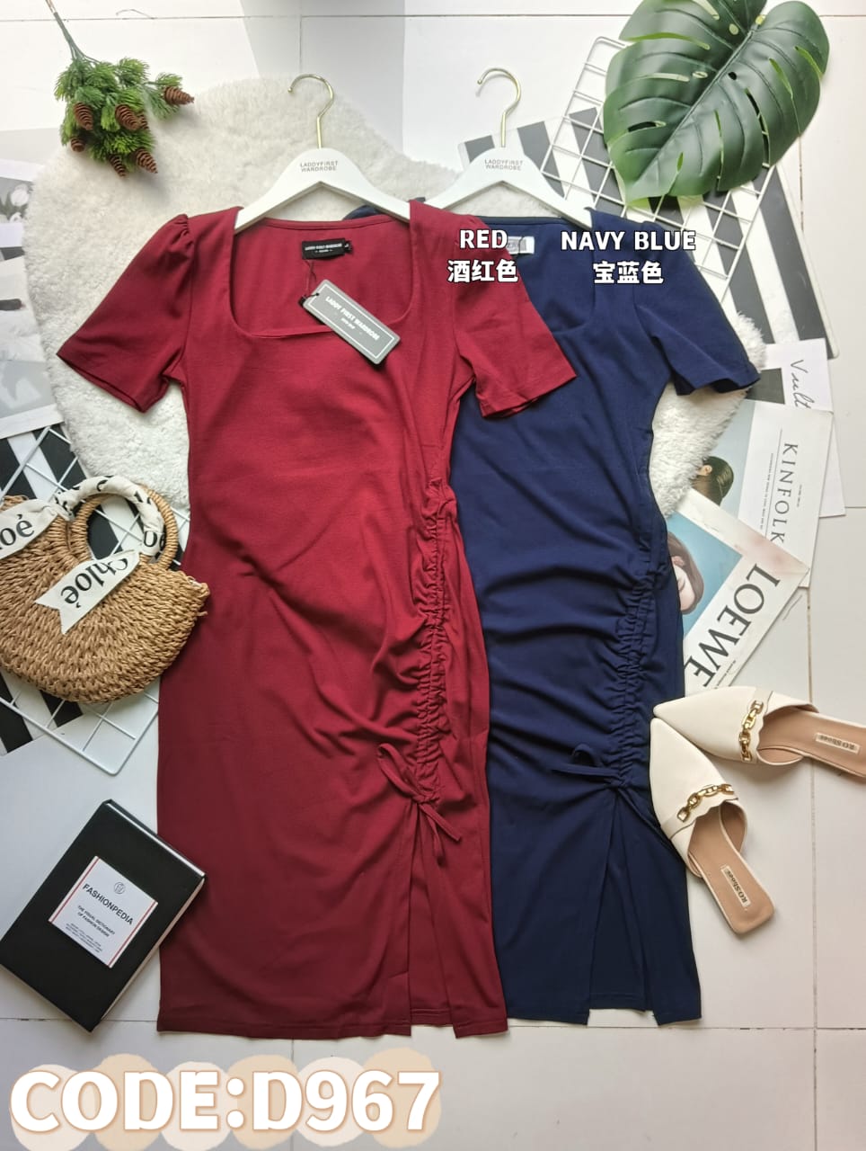 【D967】高品质纯棉正方领短袖连身裙，抽绳设计❤️❤️