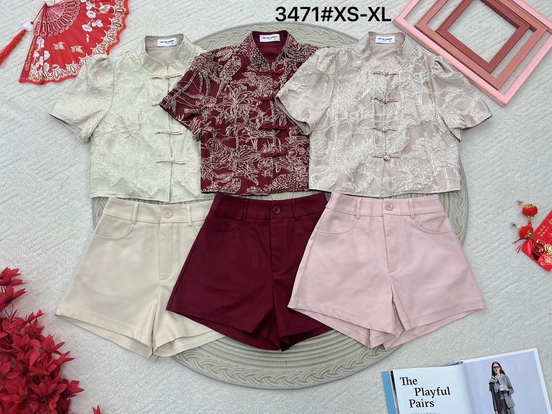 【SS3471】【LFW独家小圆饼】高品质两件式高端气质时尚提花旗袍套装 立领短袖盘扣提花旗袍上衣➕西装高腰百搭短裤，有口袋 ❤️❤️