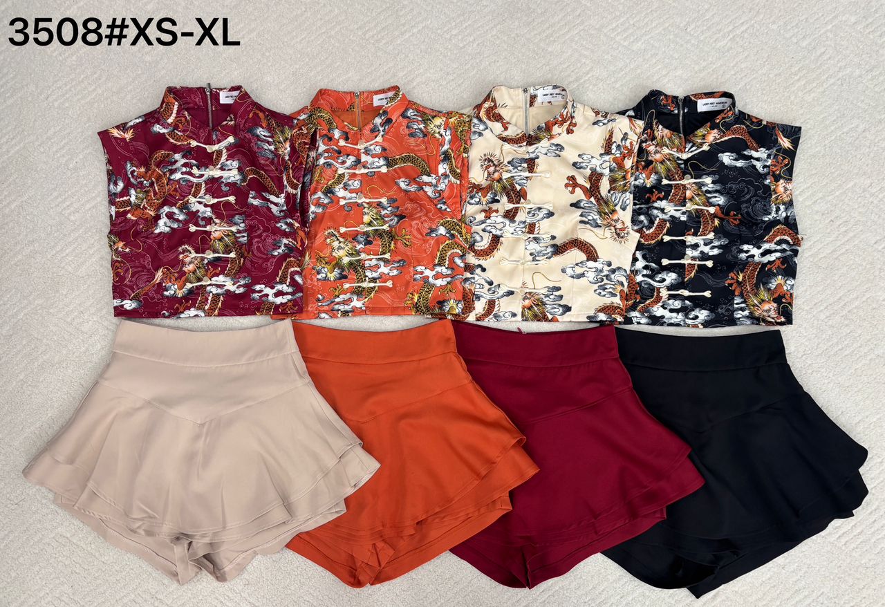 【SS3508】【LFW独家小圆饼】高品质两件式祥龙🐉图腾国潮唐装旗袍套装 立领盘扣无袖旗袍上衣➕假两件式西装高腰裤裙 ❤️❤️