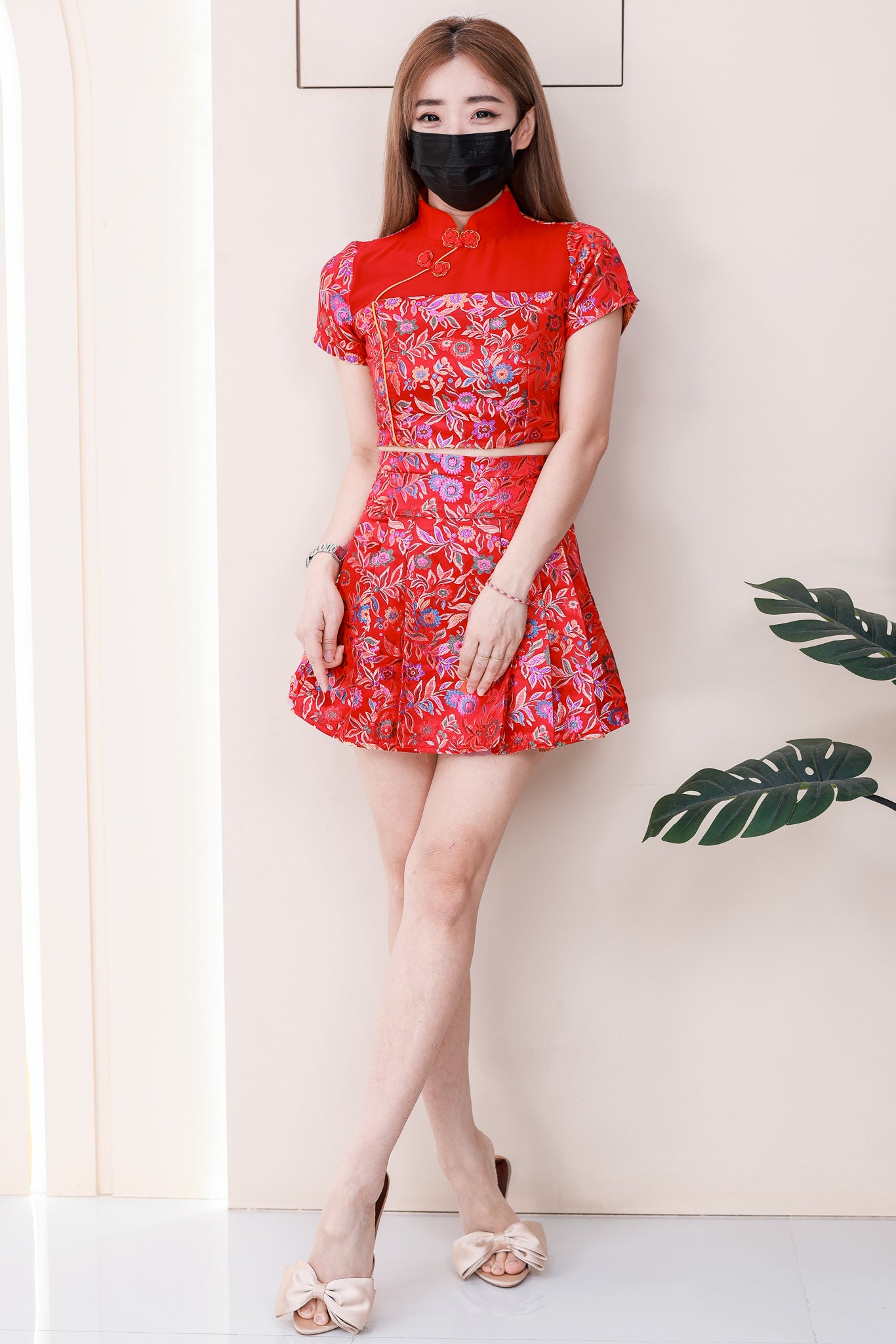 【SS8235991】【LFW独家小圆饼】高品质两件式新中式高端国风提花旗袍套装 提花拼接透气网纱旗袍短袖上衣➕提花高腰百褶裙子，内层有里布短裤 ❤️❤️